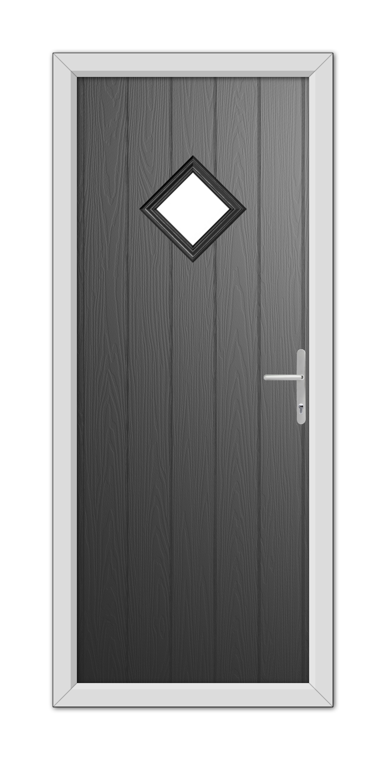 A Black Cornwall Composite Door 48mm Timber Core with a diamond-shaped window and a metal handle, set within a white door frame.