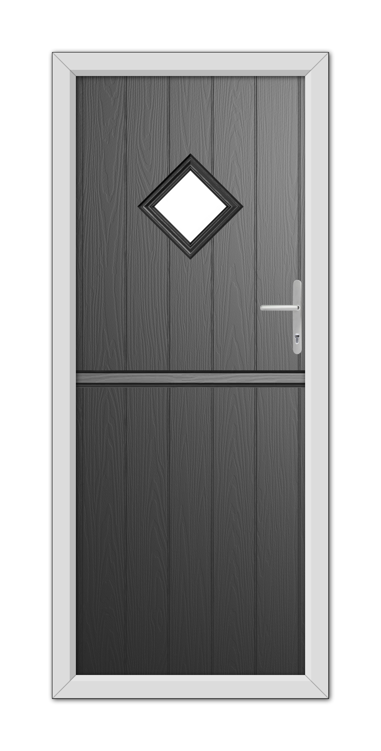 A modern Black Cornwall Stable Composite Door 48mm Timber Core with a diamond-shaped window, fitted in a white frame and equipped with a metal handle.