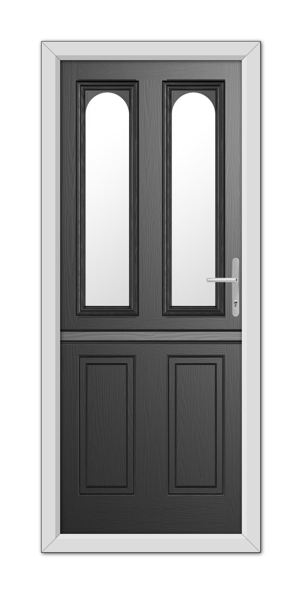 Black Elmhurst Stable Composite Door 48mm Timber Core with a modern design featuring a dark wood finish, two vertical glass panels, and a silver handle, set in a white frame.