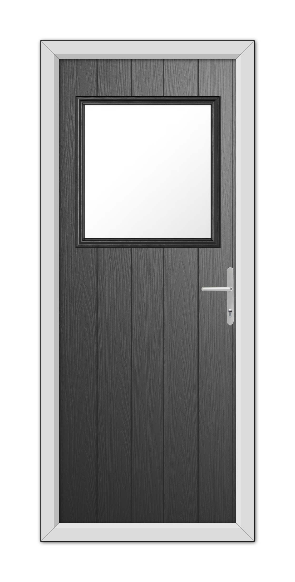 A modern Black Fife Composite Door 48mm Timber Core with a small rectangular window, equipped with a silver handle, framed in white.