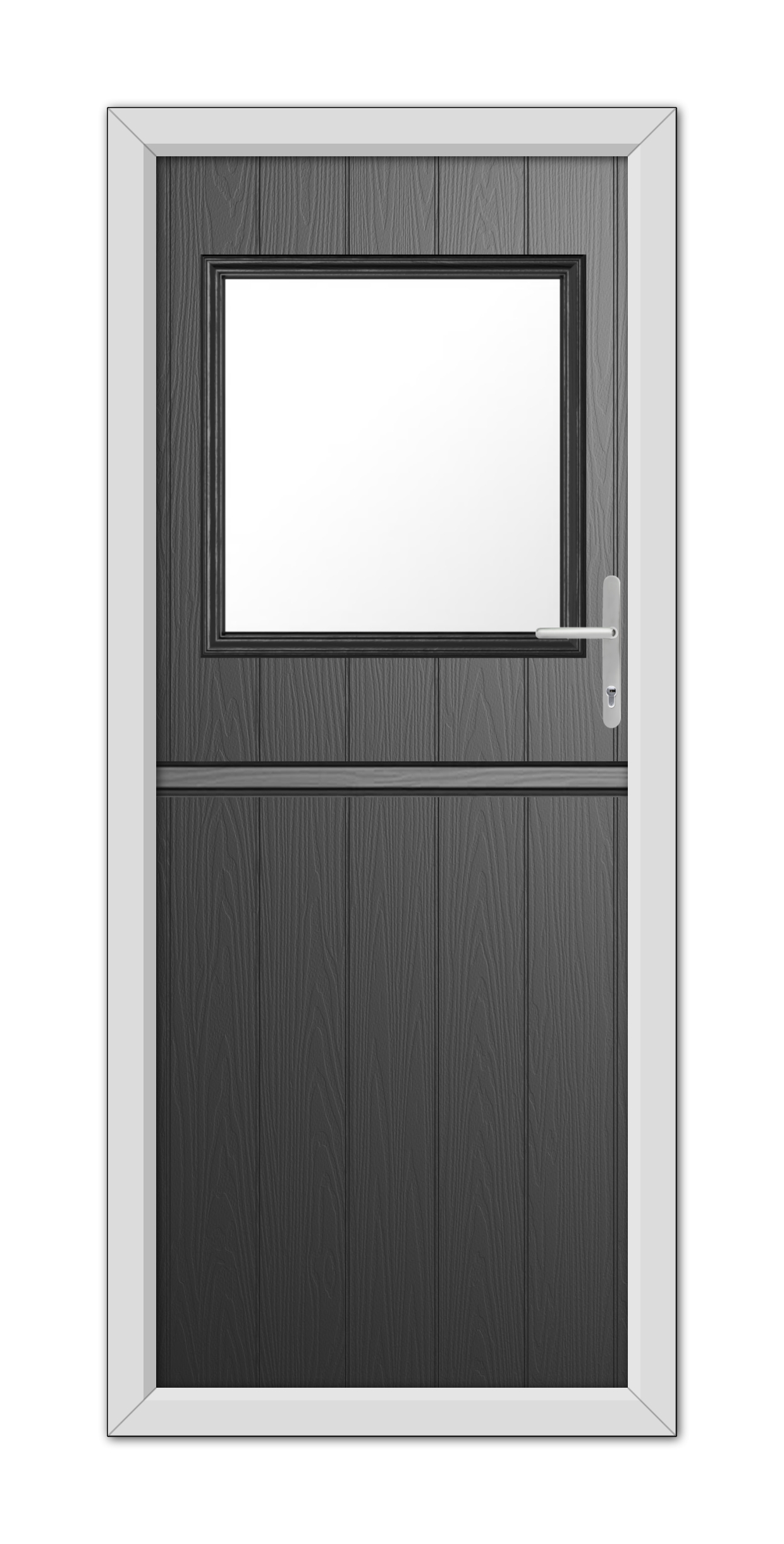 A modern, Black Fife Stable Composite Door 48mm Timber Core featuring a small square window at the top, a metal handle on the right, and a silver frame.