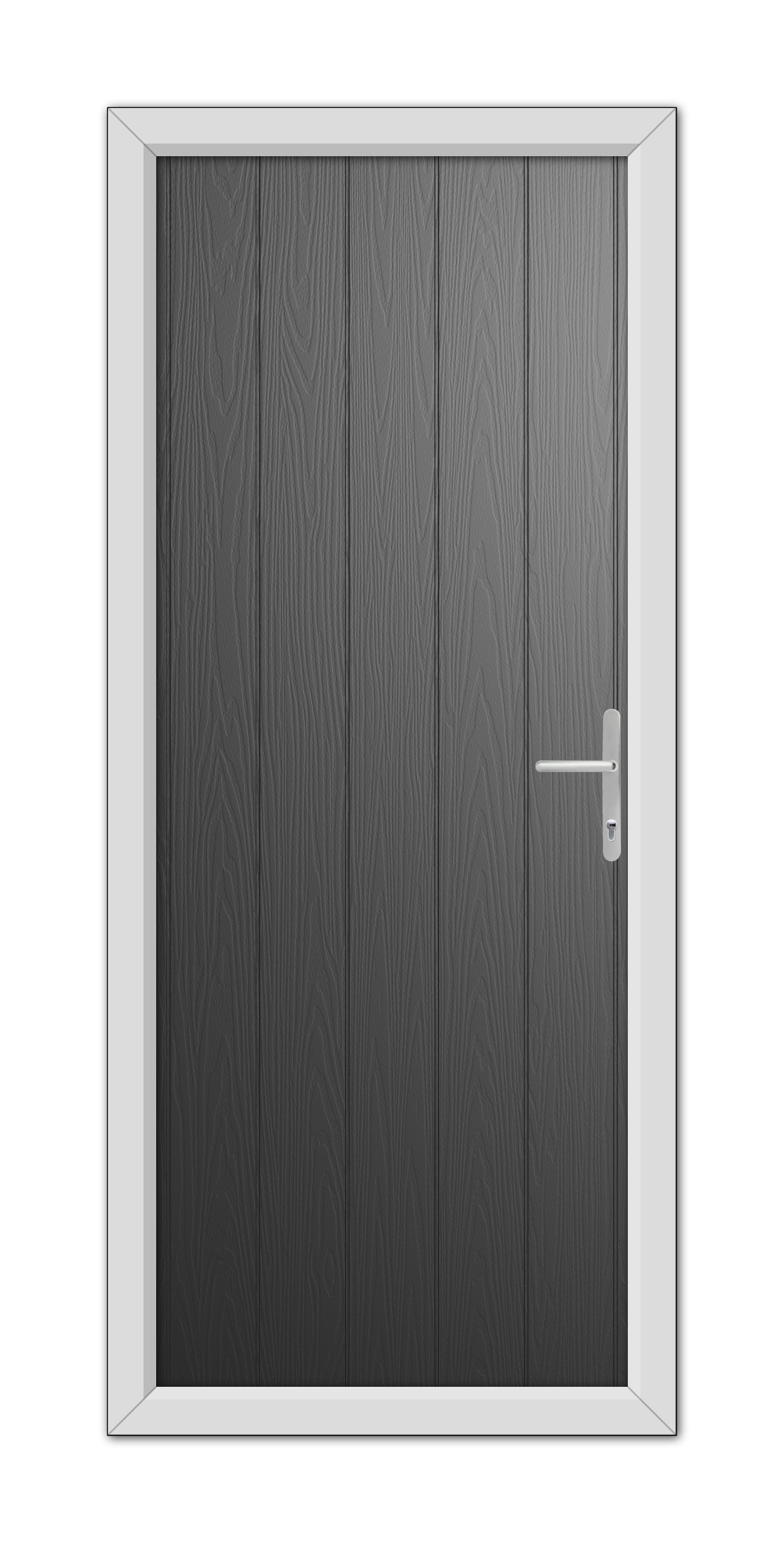 A modern Black Gloucester Composite Door 48mm Timber Core with a silver handle, framed by a light gray trim in a white wall.
