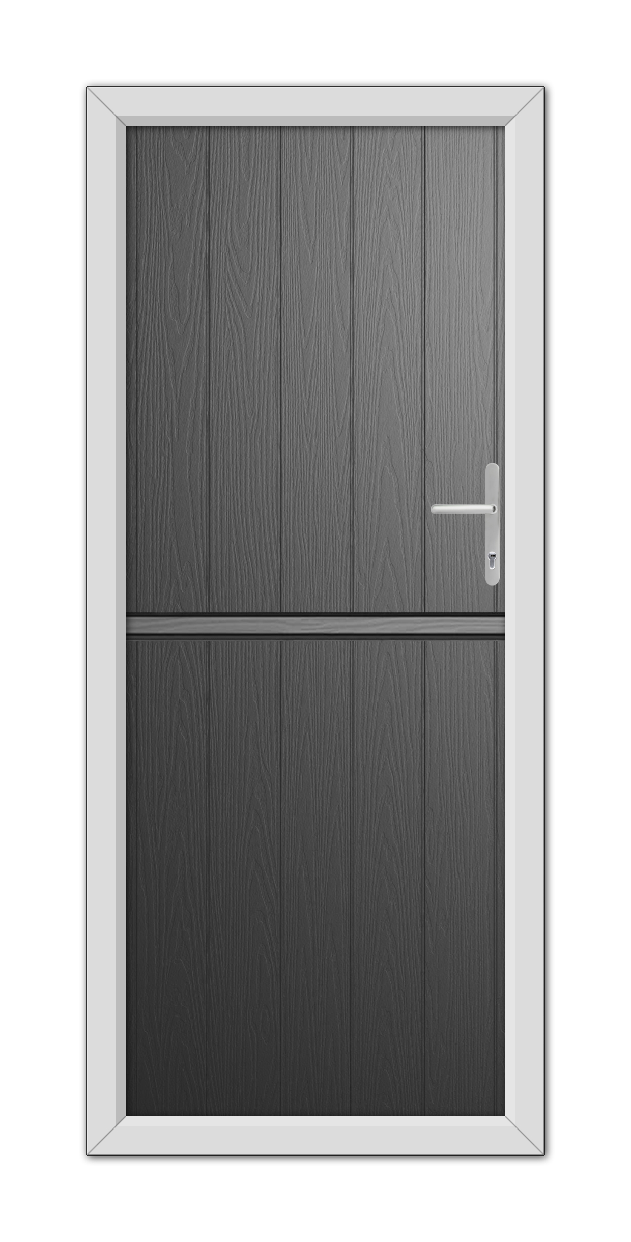 A modern Black Gloucester Stable Composite Door 48mm Timber Core with a silver handle, set in a light gray frame, viewed frontally.
