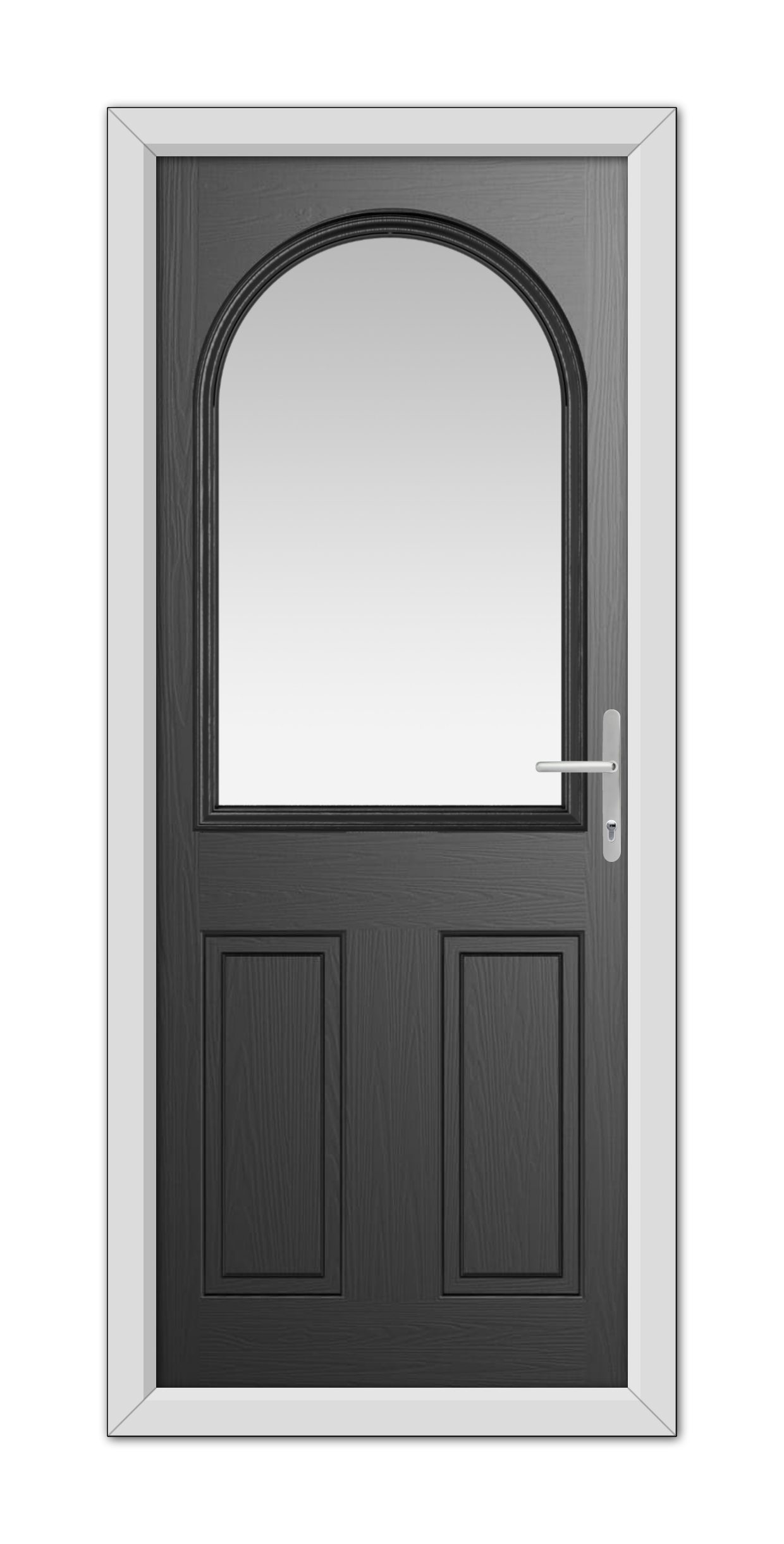 A modern Black Grafton Composite Door 48mm Timber Core with an arched window at the top, set in a white frame, featuring a silver handle on the right.