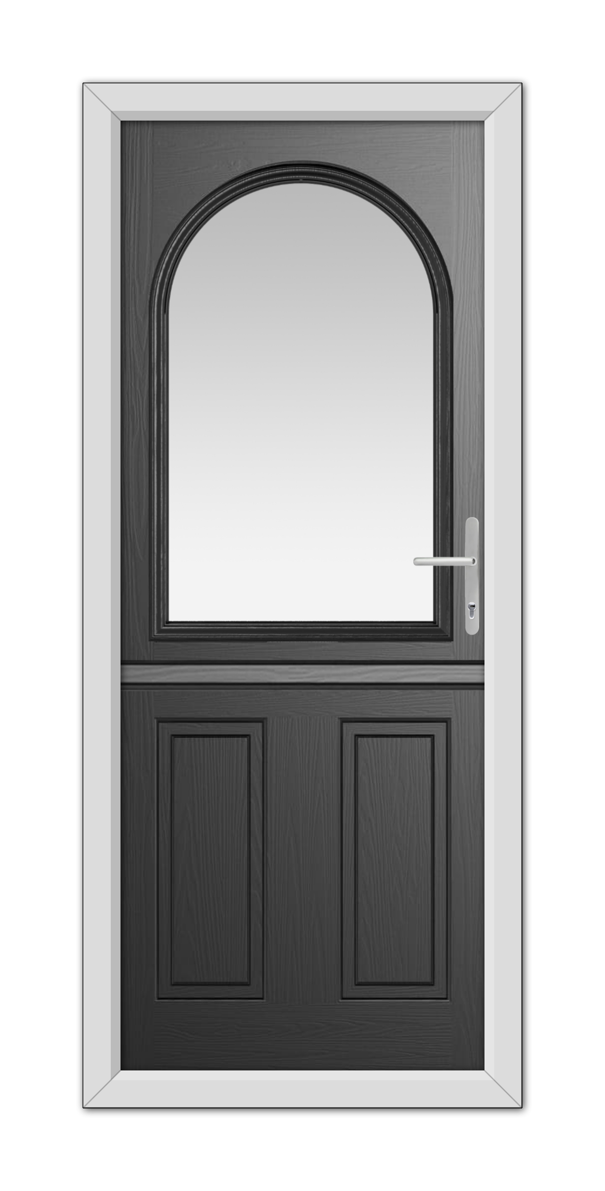 A modern Black Grafton Stable Composite Door 48mm Timber Core with a large arched window at the top, set within a white frame, featuring a metallic handle on the right side.