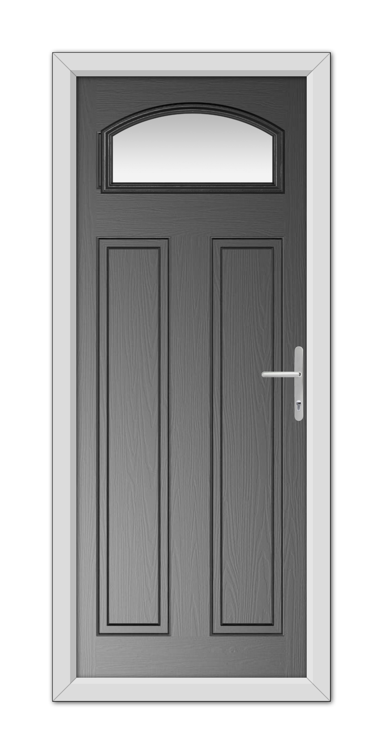 A modern Black Harlington Composite Door 48mm Timber Core with a rounded top window and a metallic handle, set within a white frame.