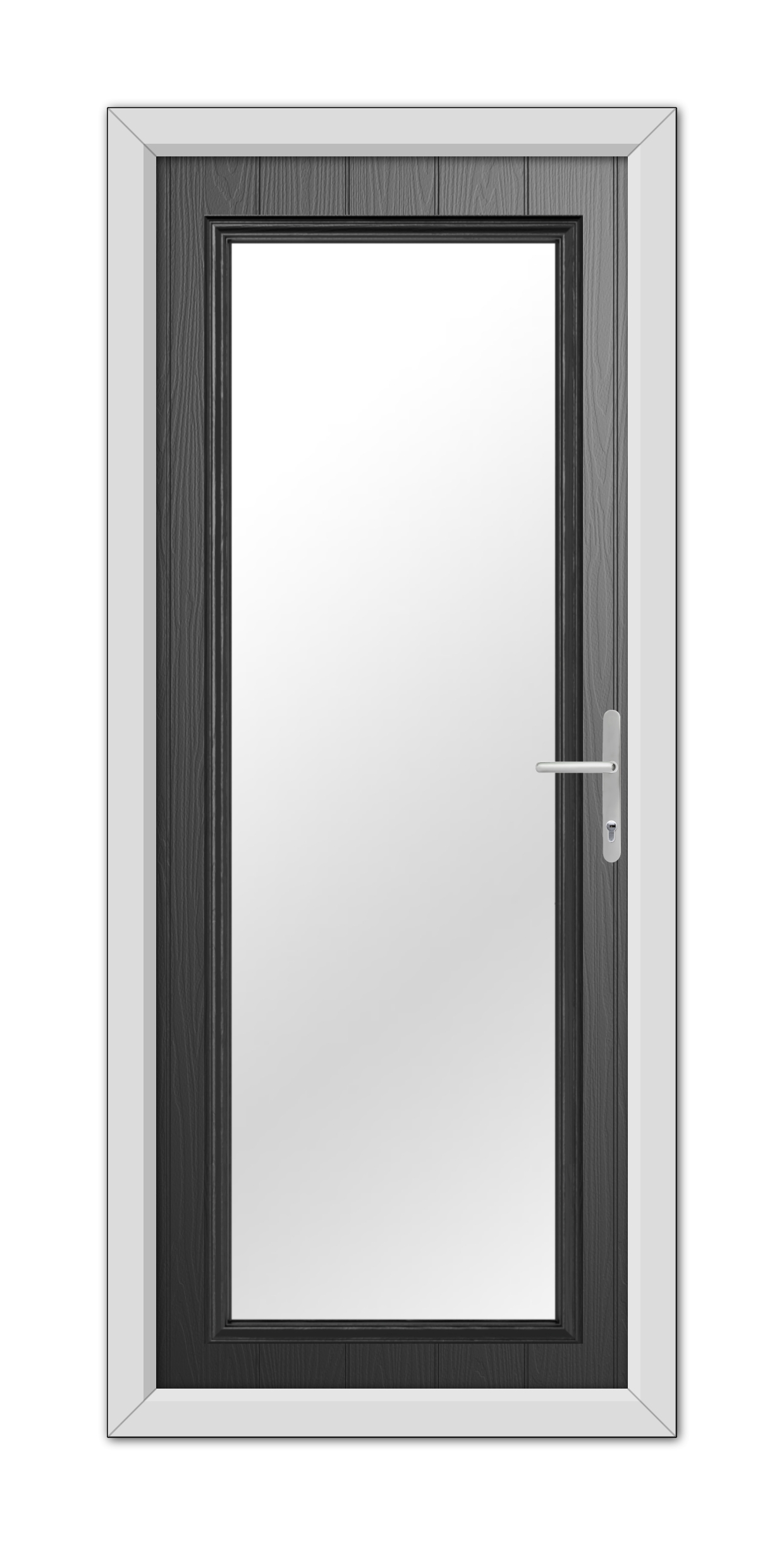 Modern black wooden door with a vertical glass panel, silver handle, and white frame, isolated on white background. - Black Hatton Composite Door 48mm Timber Core with a vertical glass panel, silver handle, and white frame, isolated on white background.