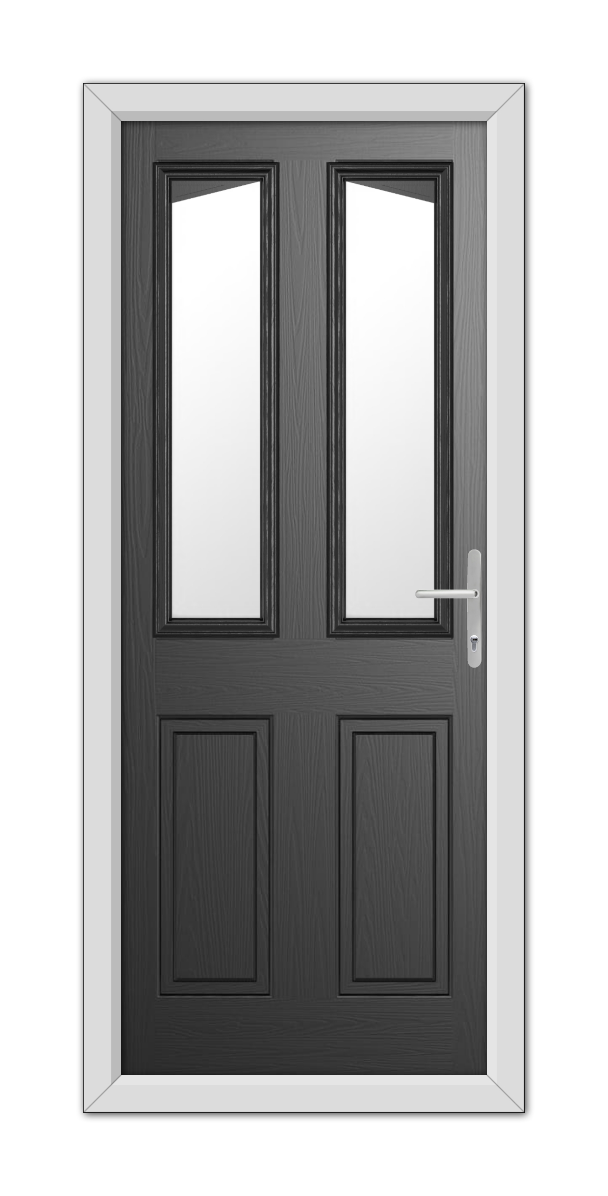 A modern Black Highbury Composite Door 48mm Timber Core with glass panels at the top and solid panels at the bottom, featuring a right-hand side handle.