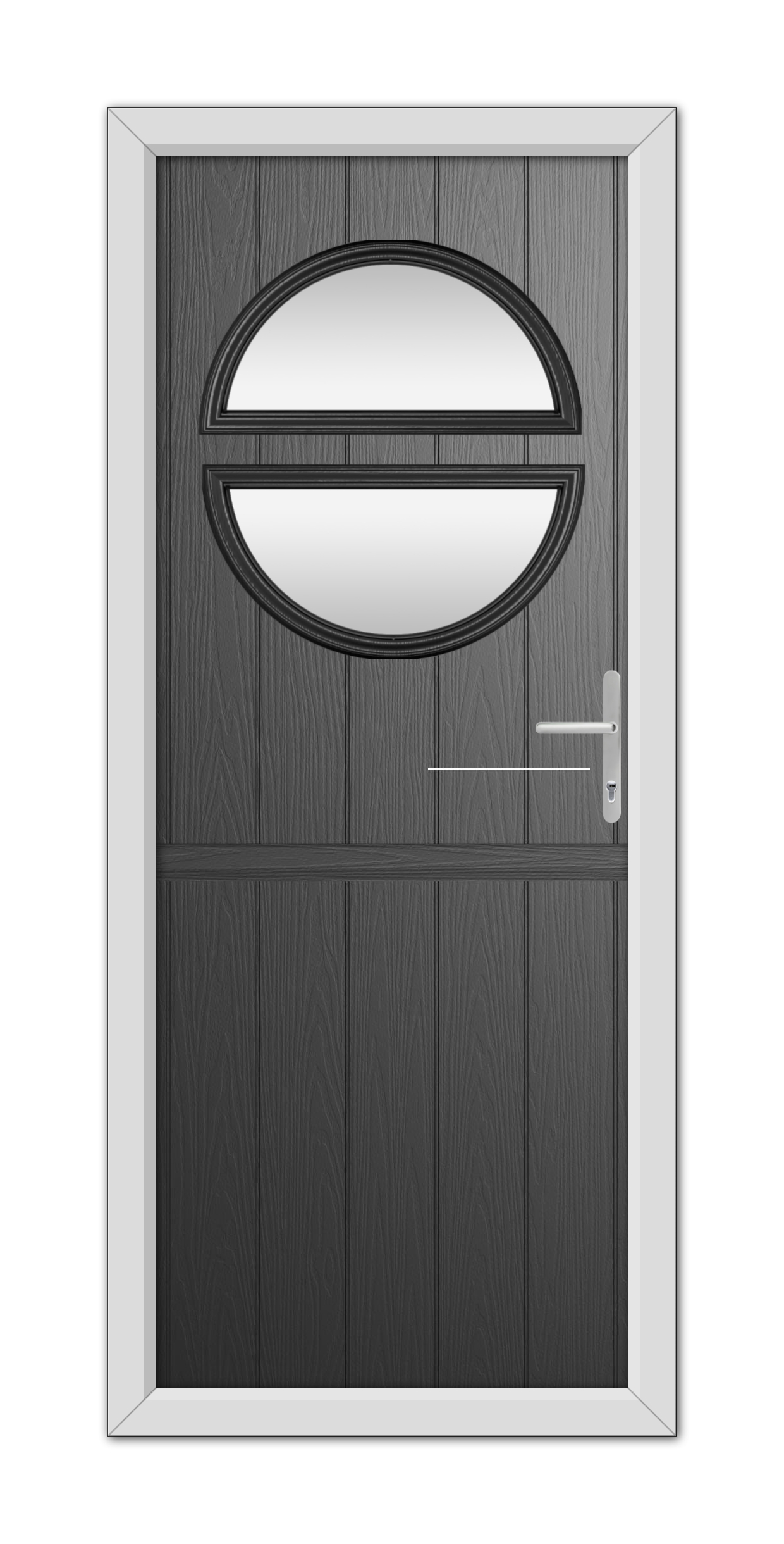 A modern Black Kent Stable Composite Door 48mm Timber Core door with an oval window at the top, set in a light gray frame, featuring a sleek metal handle on the right side.