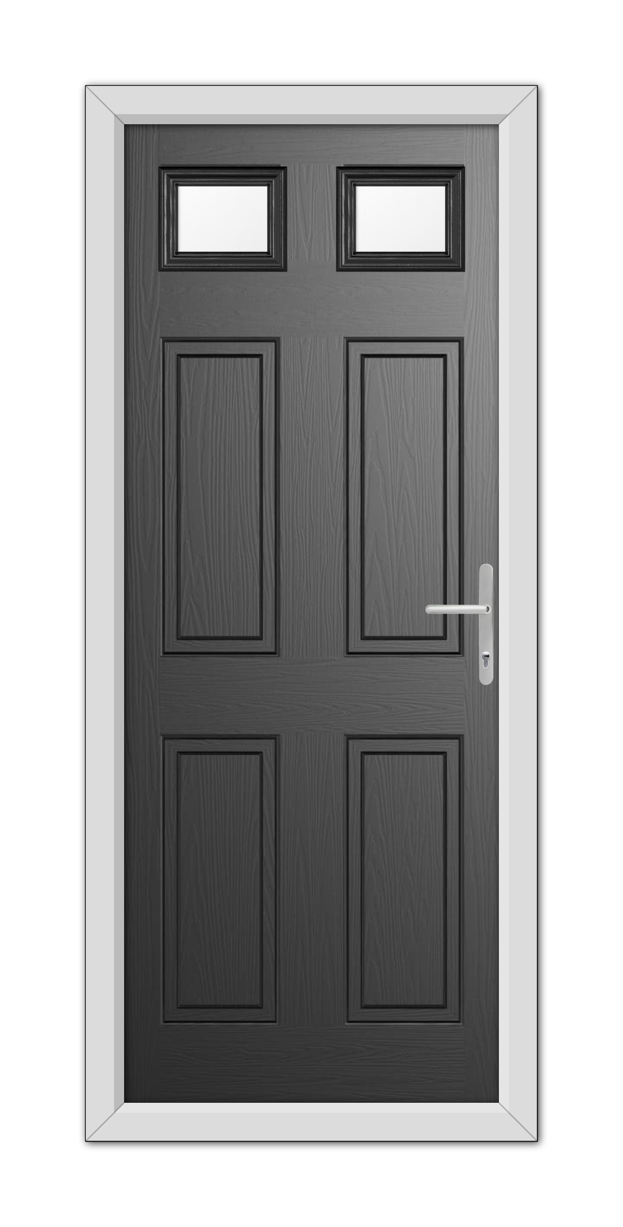 A modern Black Middleton Glazed 2 Composite Door 48mm Timber Core with a white frame, featuring four panels and three small windows at the top.