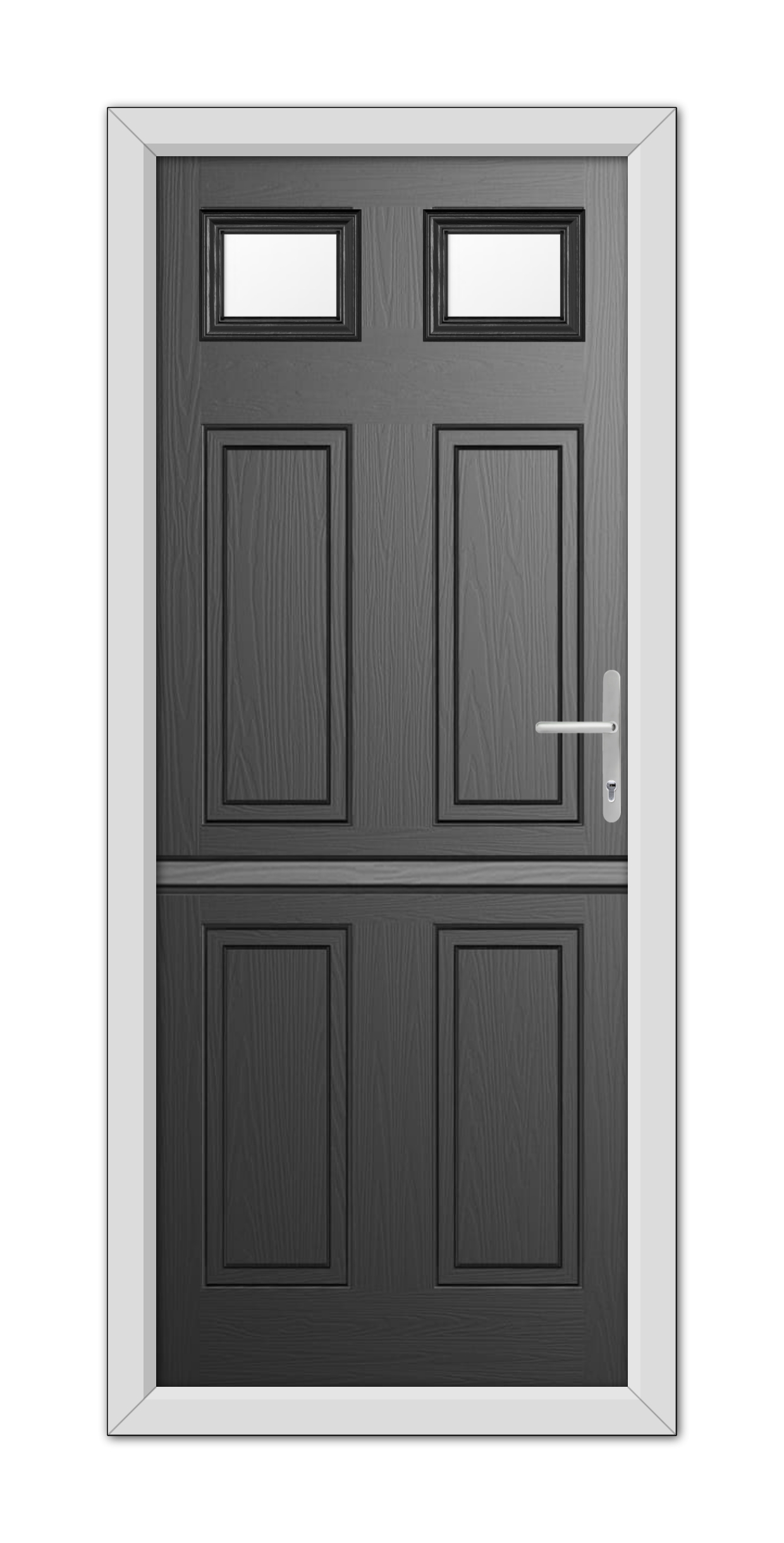 A modern Black Middleton Glazed 2 Stable Composite Door with a silver handle and three square windows set in a white frame.