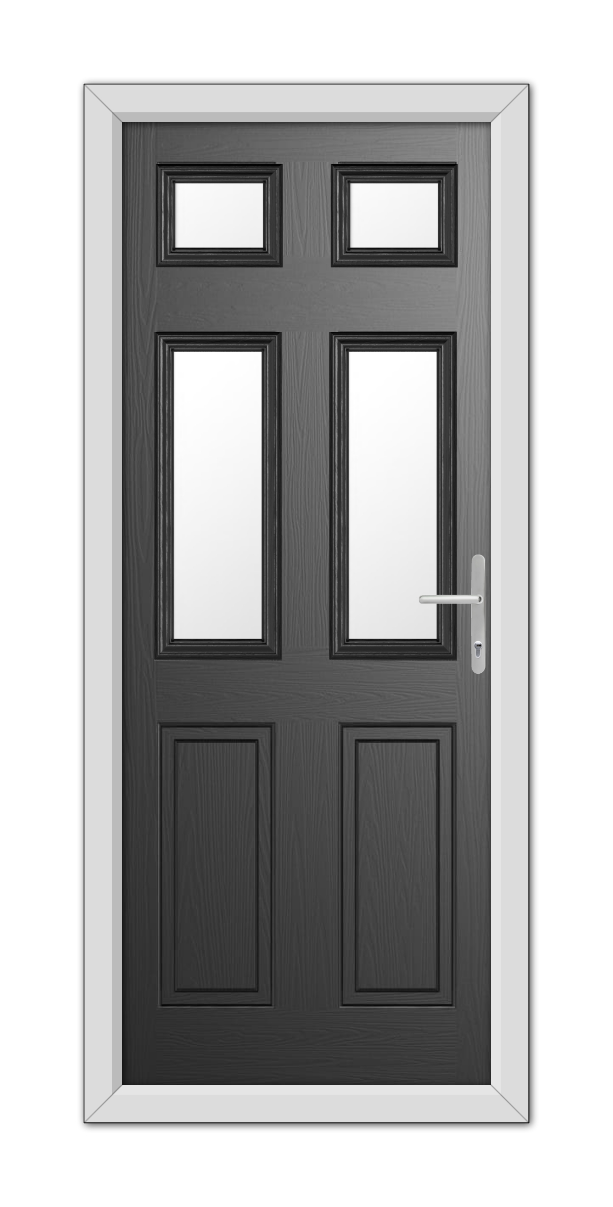 A modern Black Middleton Glazed 4 Composite Door 48mm Timber Core with white trim, featuring upper glass panels and a metallic handle on the right side.