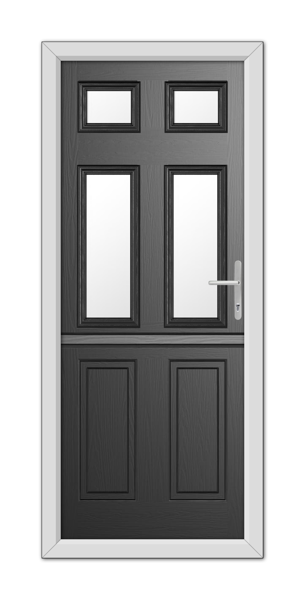 A modern Black Middleton Glazed 4 Stable Composite Door 48mm Timber Core with three rectangular windows, featuring a metal handle, framed within a white door frame.