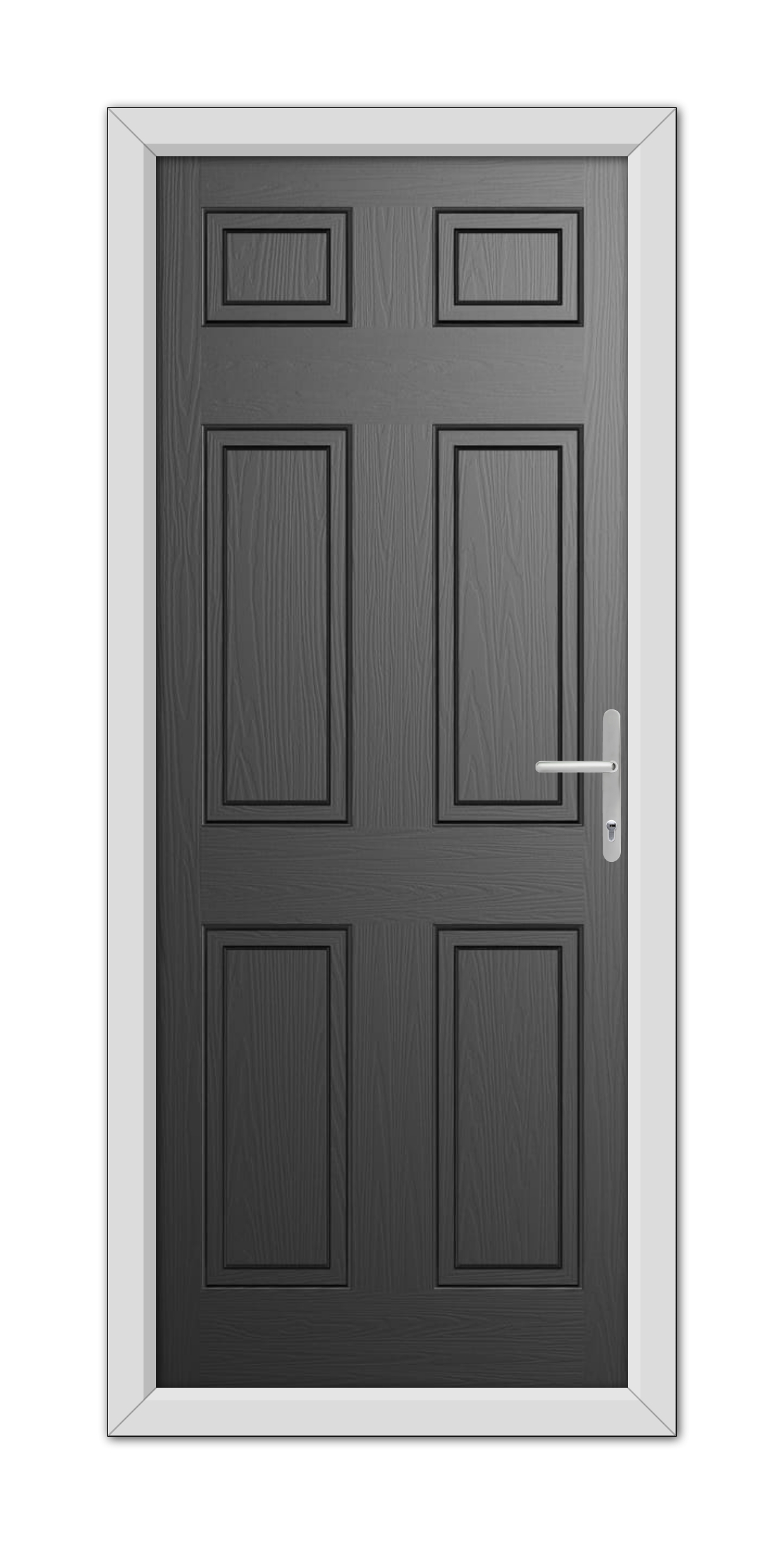 A modern Black Middleton Solid Composite Door with six panels and a silver handle, set within a white frame.
