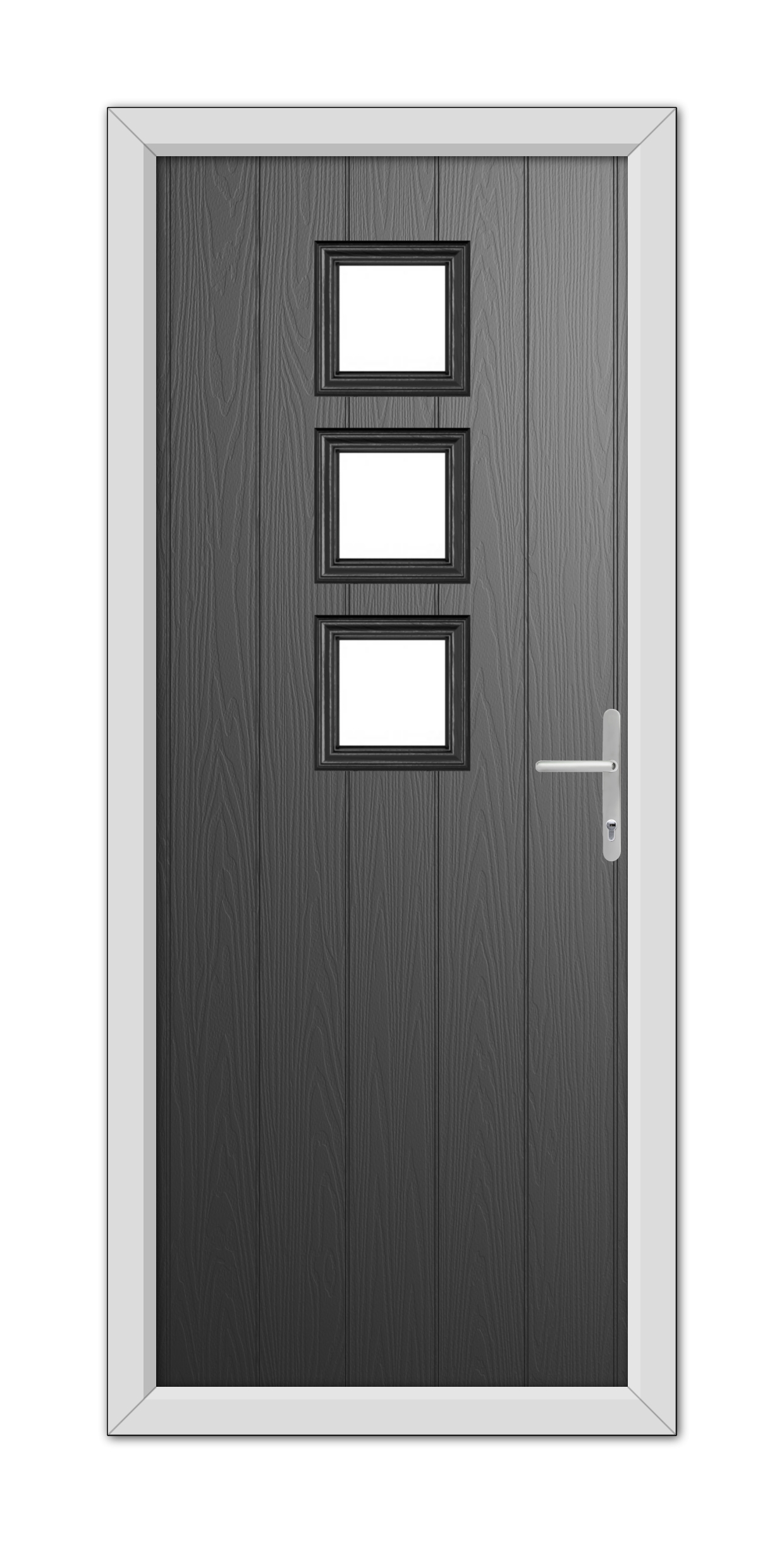 A Black Montrose Composite Door 48mm Timber Core with a white frame, featuring three small rectangular windows and a silver handle on the right side.