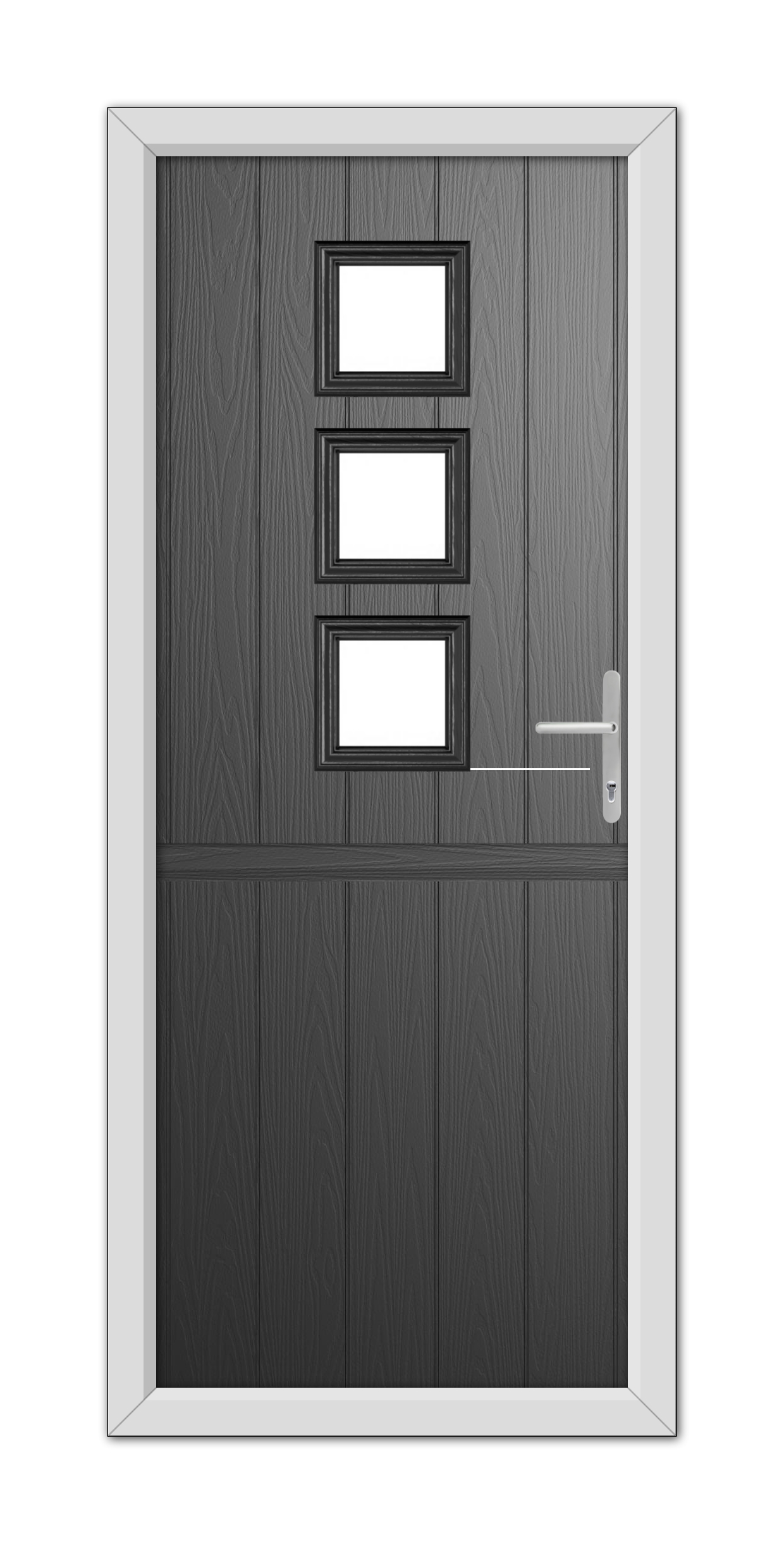 A modern Black Montrose Stable Composite Door 48mm Timber Core with three rectangular glass panels and a silver handle, set in a white frame.