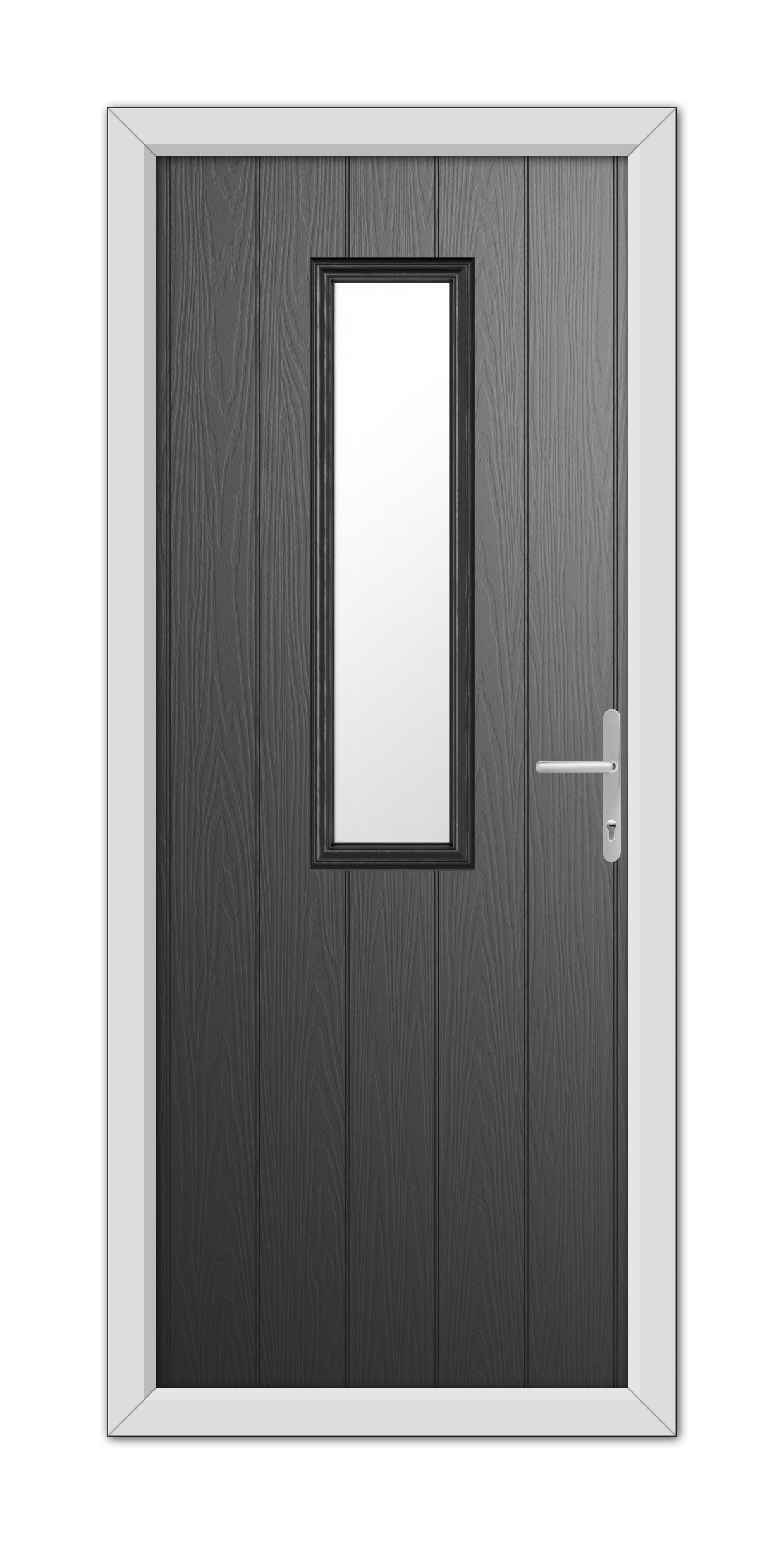 A Black Mowbray Composite Door 48mm Timber Core with a vertical rectangular window and a silver handle, set within a white frame.