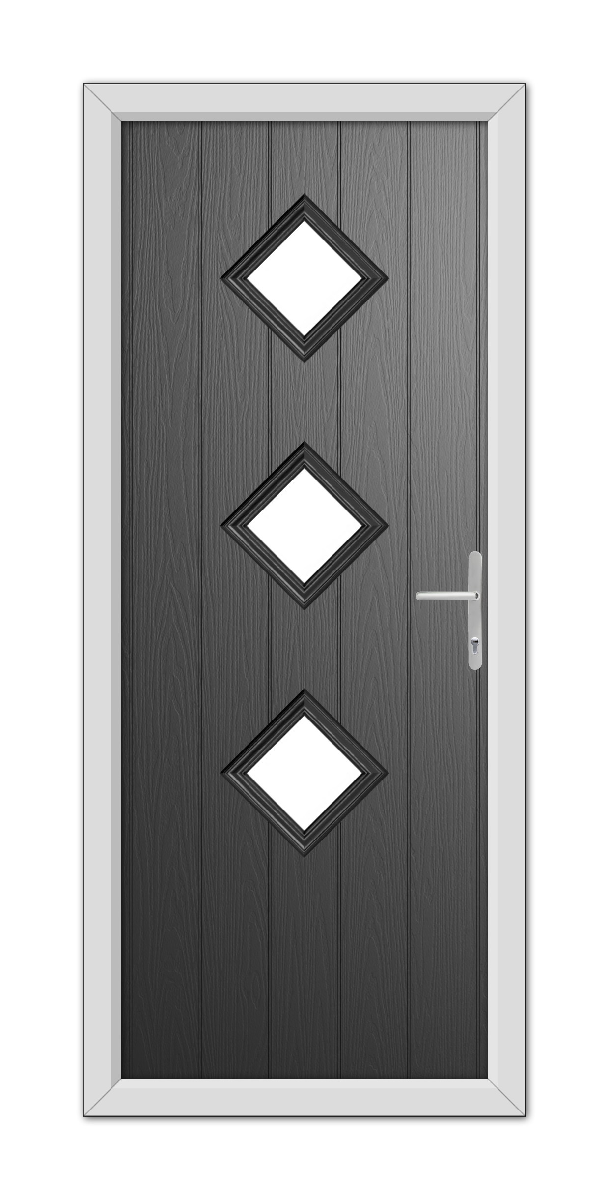 A modern Black Richmond Composite Door 48mm Timber Core with three diamond-shaped windows and a silver handle, set in a white frame.