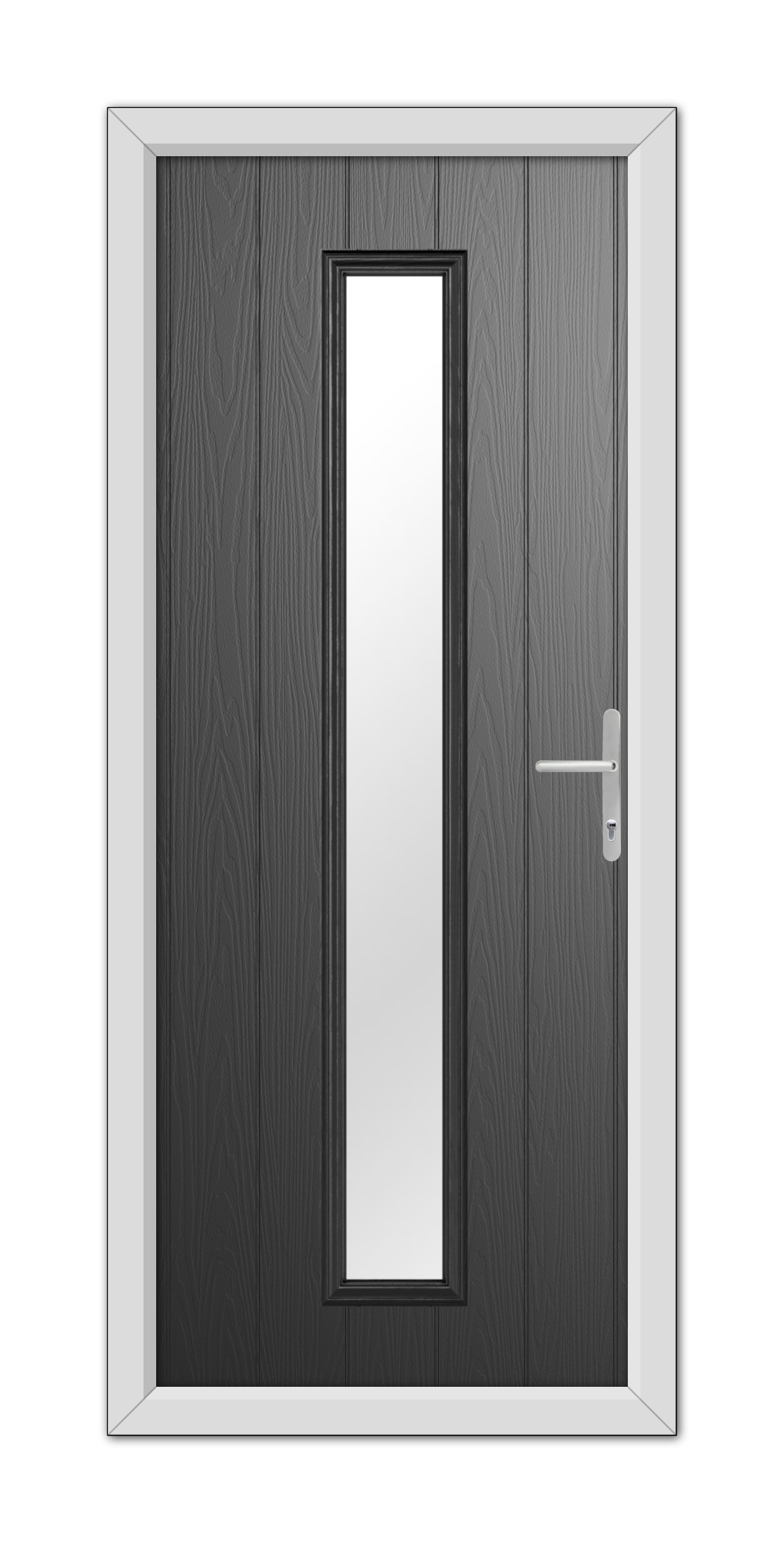A modern Black Rutland Composite Door 48mm Timber Core with a vertical glass panel and a silver handle, set within a white door frame.