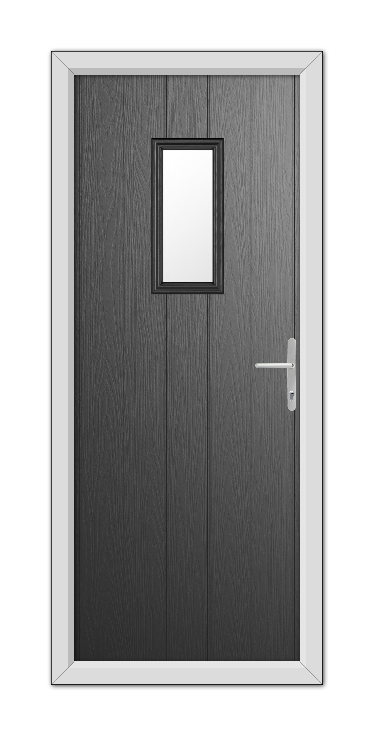 A modern Black Somerset Composite Door 48mm Timber Core with a white frame, featuring a small square window and a metal handle on the right side.