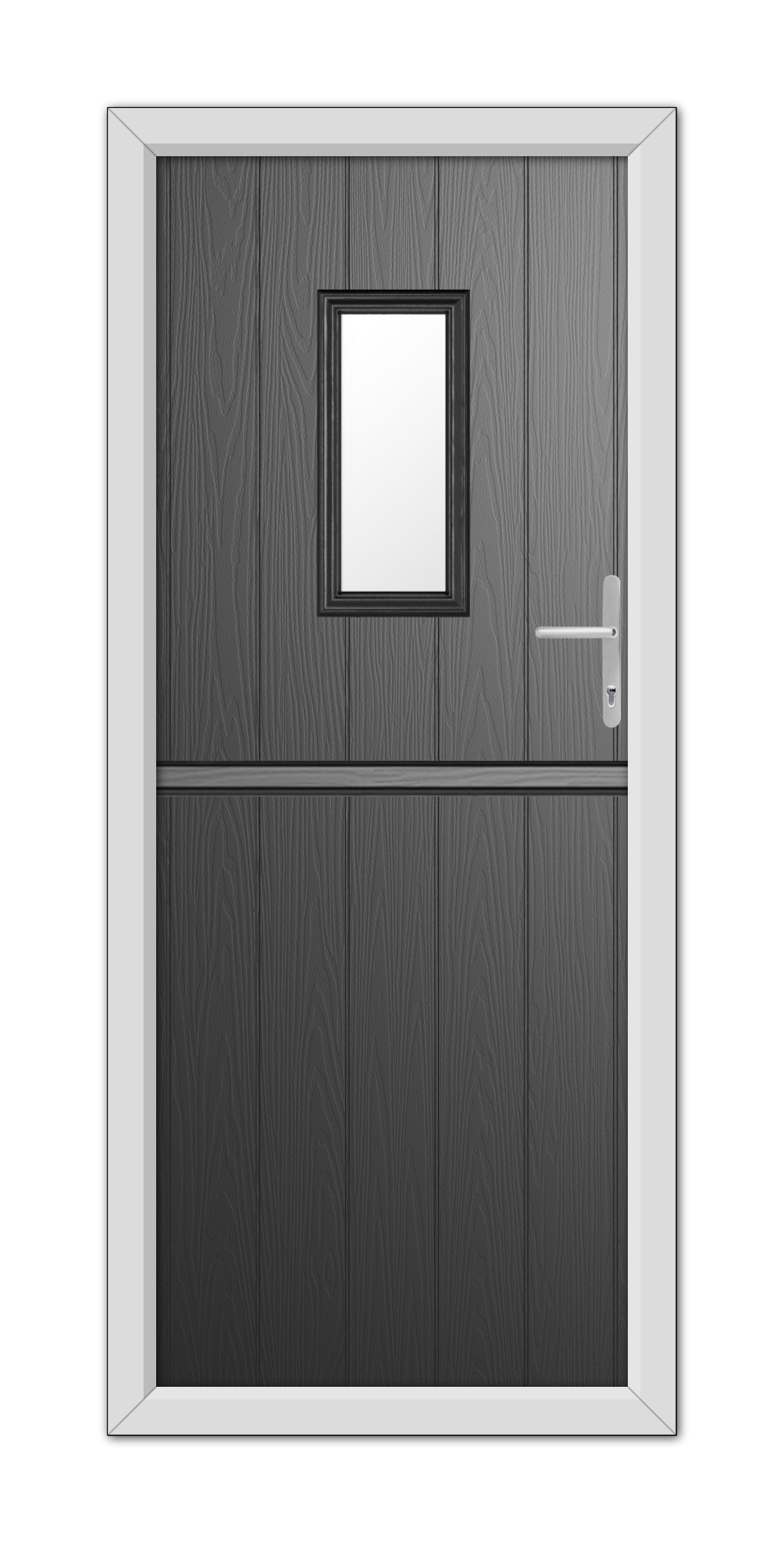 A Black Somerset Stable Composite Door 48mm Timber Core with a small square window at the top and a metallic handle, set within a light gray frame.