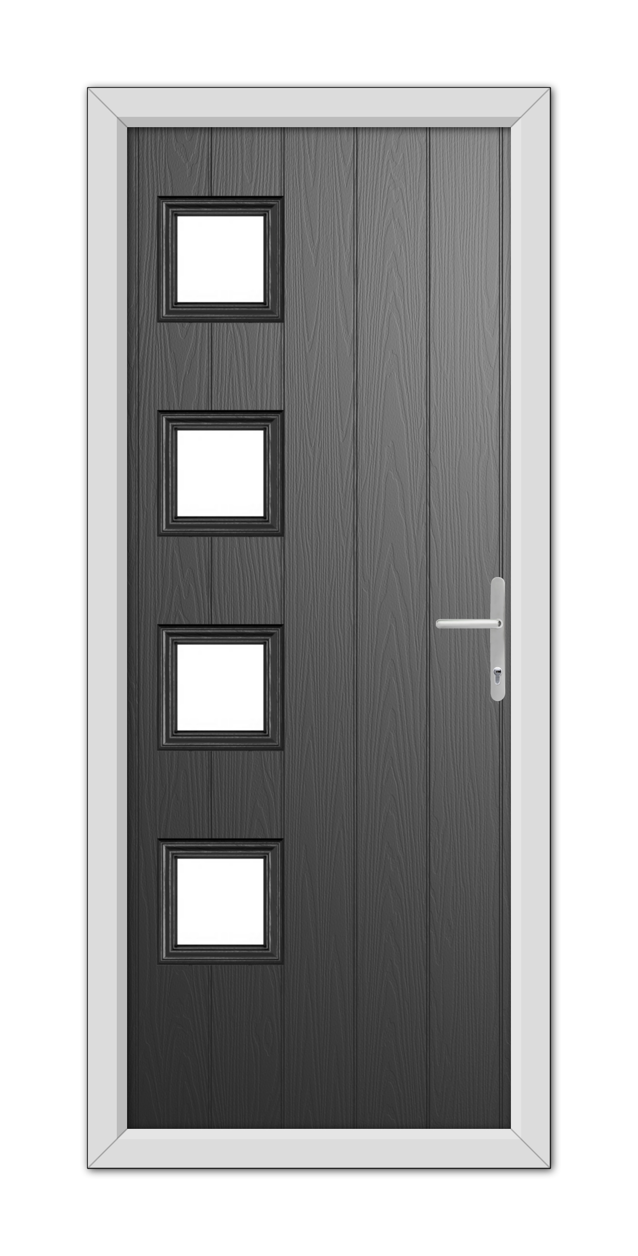 A modern Black Sussex Composite Door 48mm Timber Core featuring four rectangular glass panels and a metallic handle, set within a white frame.