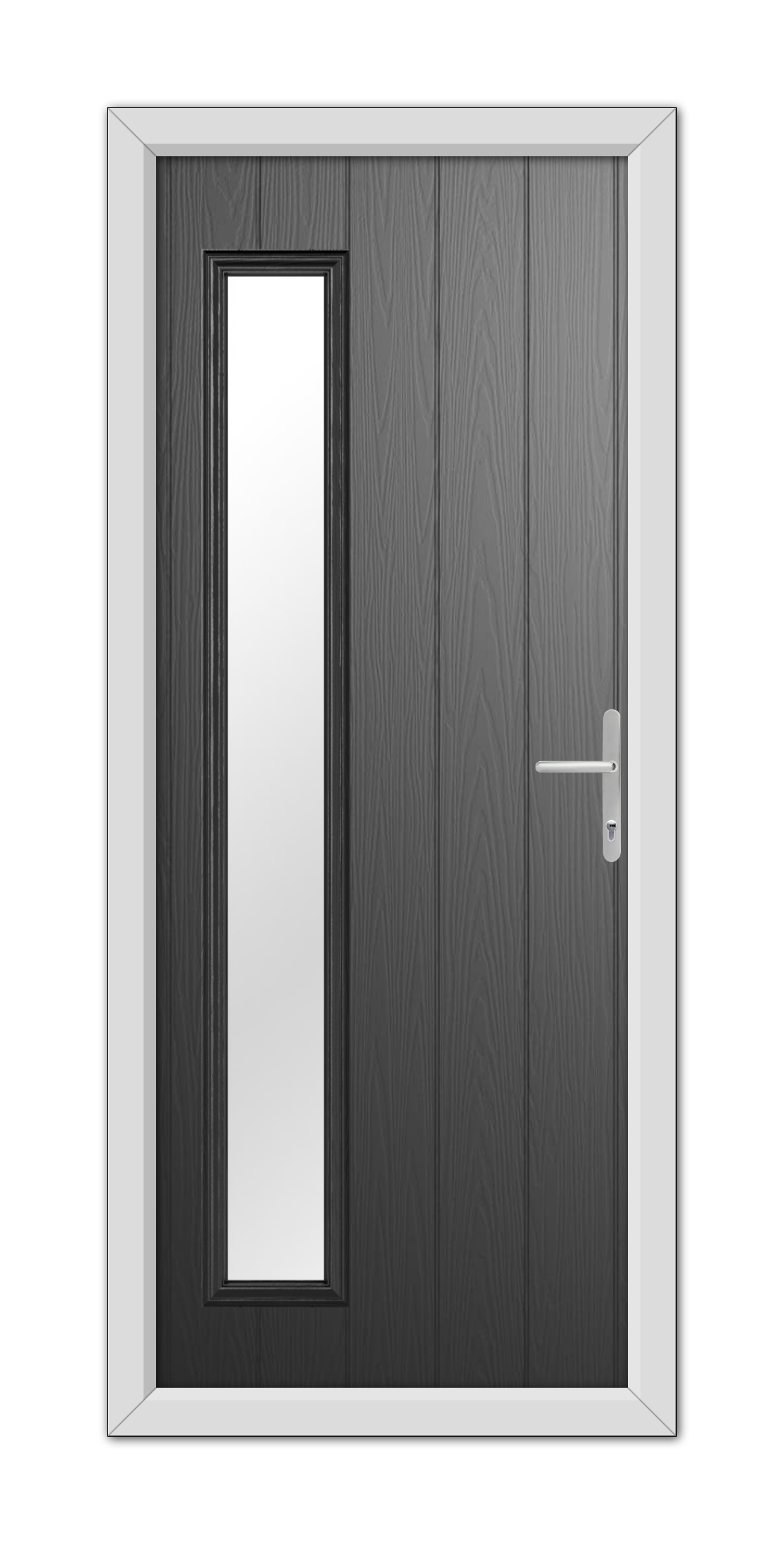 A modern Black Sutherland Composite Door 48mm Timber Core featuring a vertical rectangular window and a metal handle, set in a white frame.