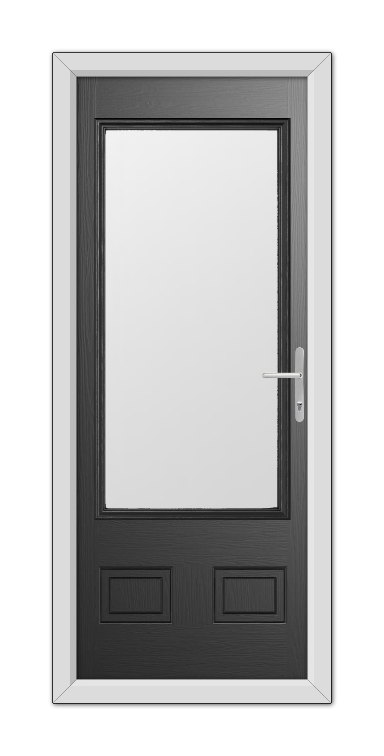 A modern Black Walcot Composite Door 48mm Timber Core with a white frame, featuring a central glass panel and a metallic handle on the right side.