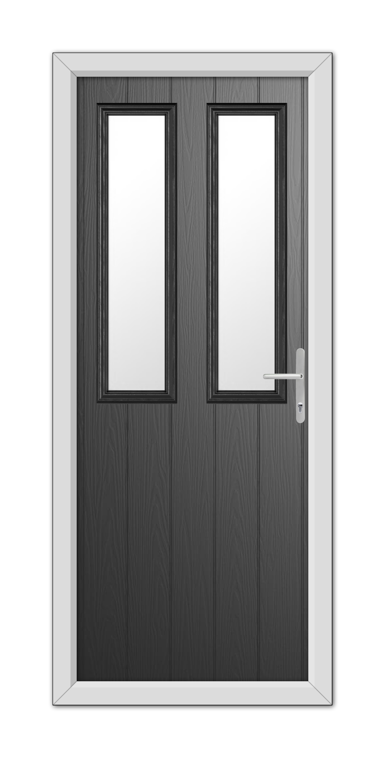 Double doors in a Black Wellington Composite Door 48mm Timber Core finish with vertical glass panels, silver handles, and a white frame, viewed from the front.