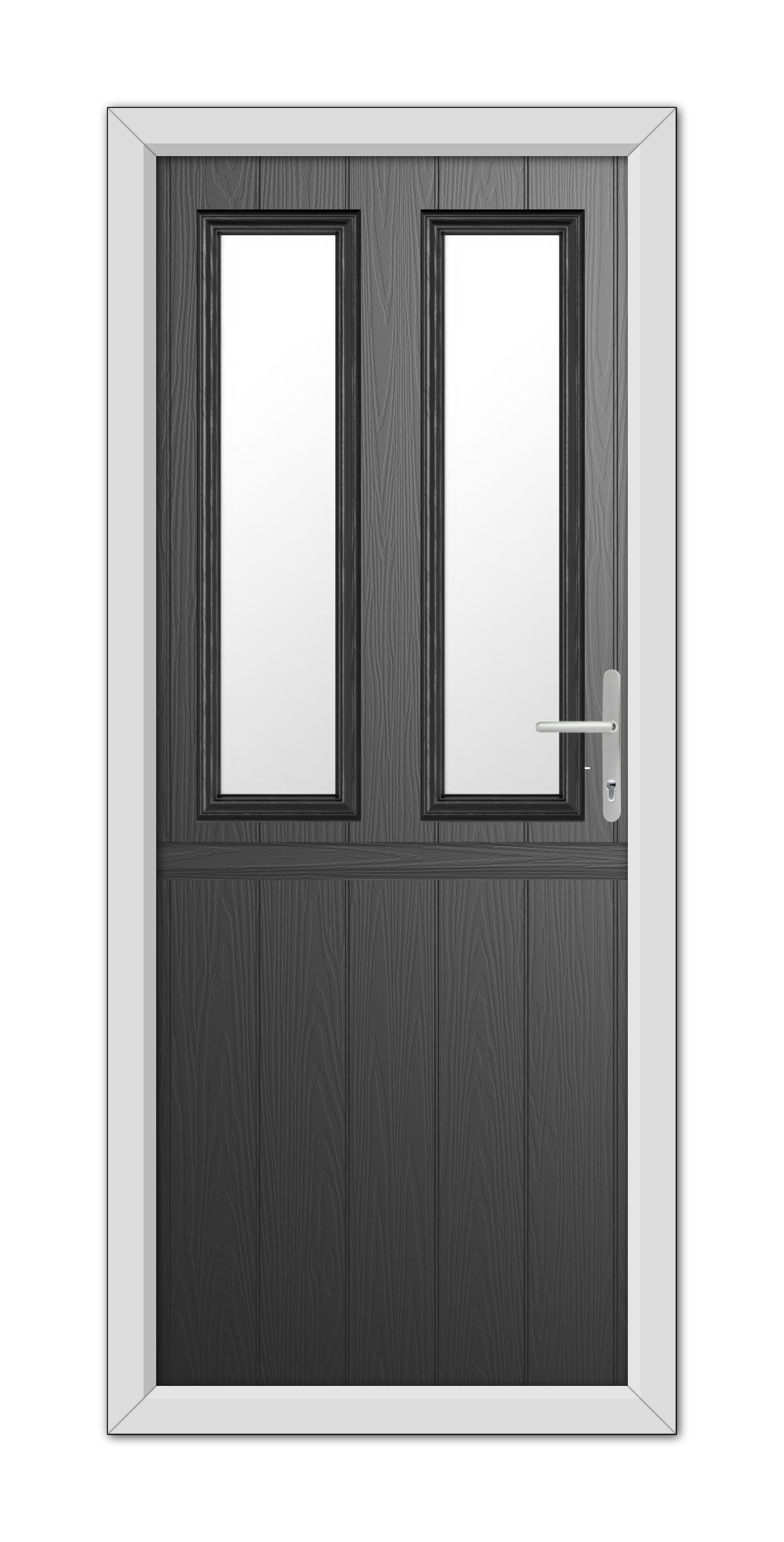 A modern Black Wellington Stable Composite Door 48mm Timber Core with a dark wood finish featuring two vertical windows and a metallic handle, set in a white frame.