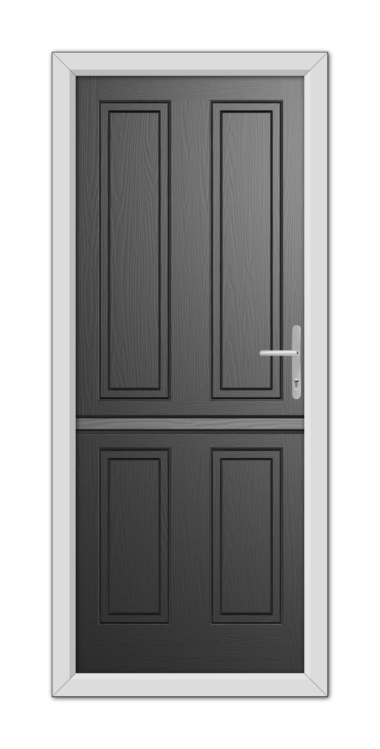 A modern Black Whitmore Solid Stable Composite Door with four panels and a silver handle, set within a white frame.