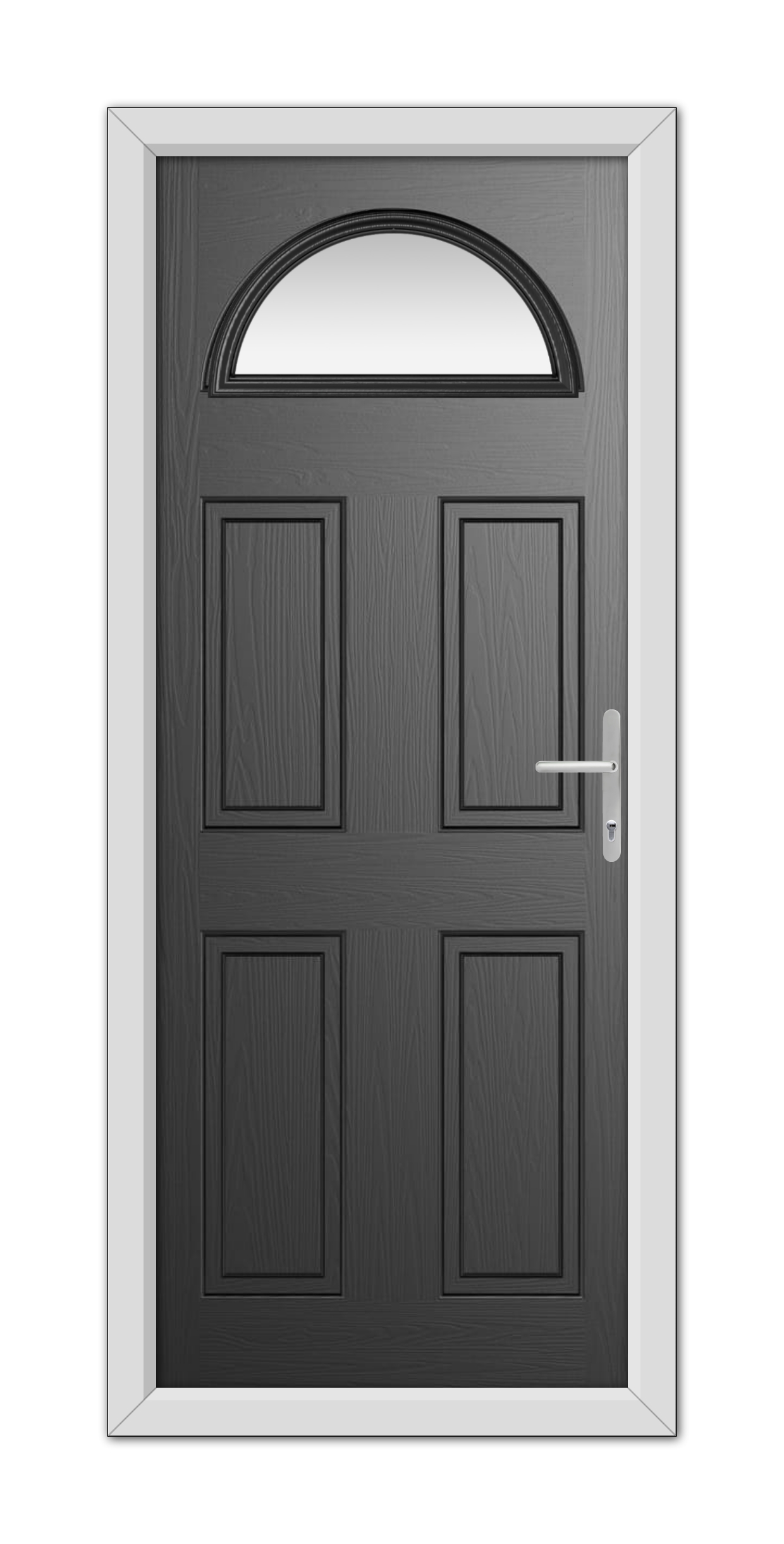 A modern Black Winslow 1 Composite Door 48mm Timber Core with six panels and a silver handle, set in a white frame with a semicircular window at the top.