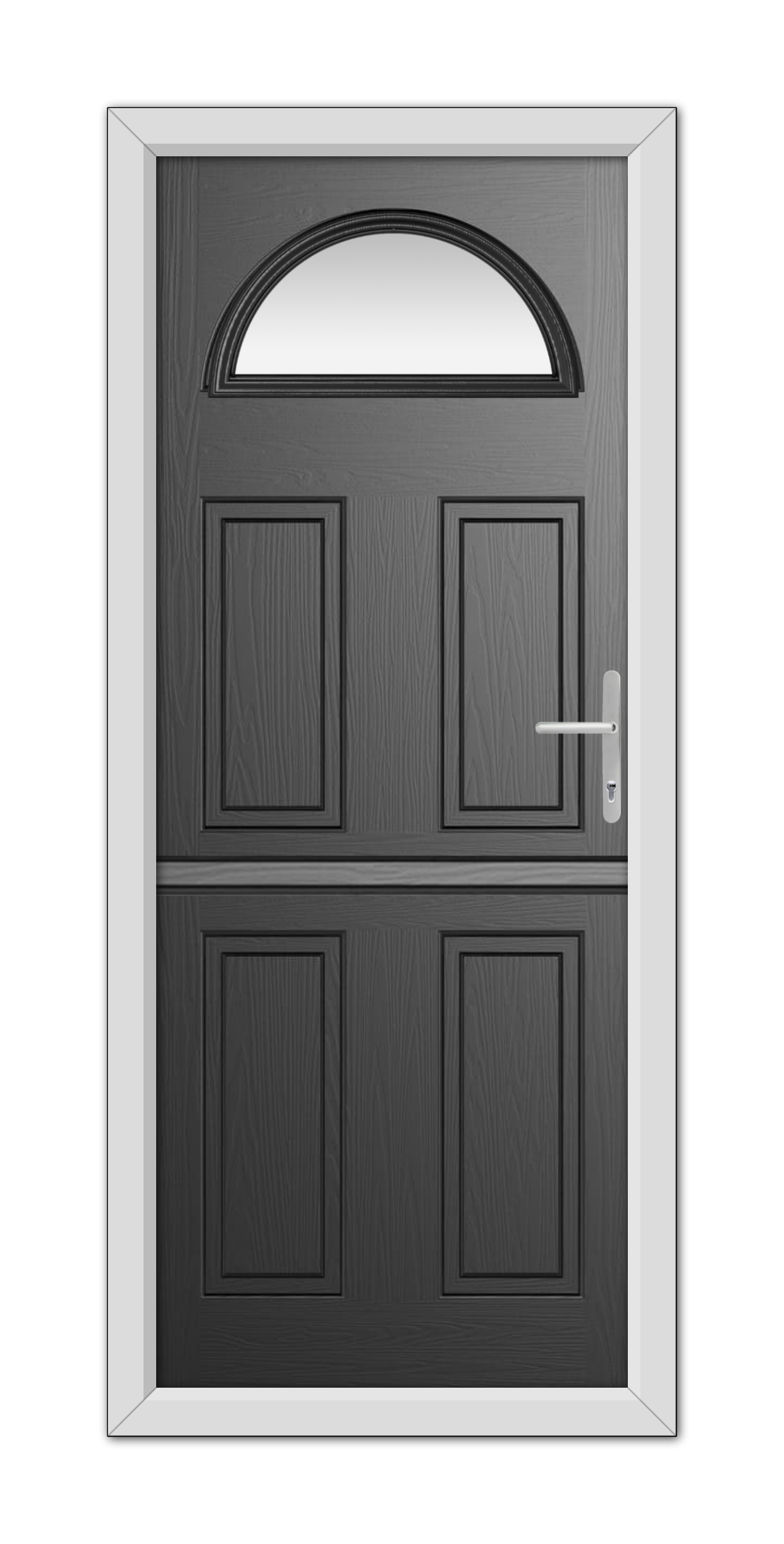 A modern Black Winslow 1 Stable Composite Door 48mm Timber Core with six panels and a semi-circular window at the top, framed in white, with a metal handle on the right.