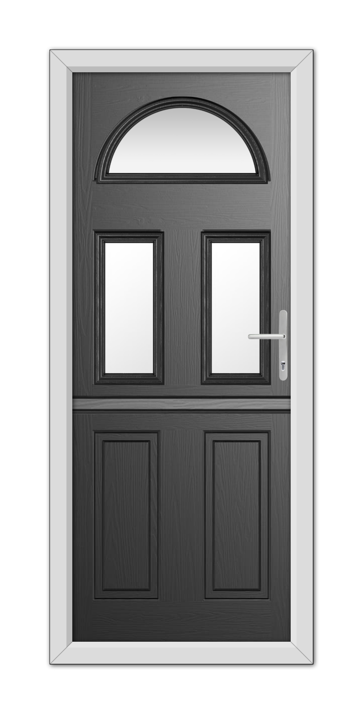 A modern Black Winslow 3 Stable Composite Door 48mm Timber Core with a semi-circular transom window and a metallic handle, set within a white frame.