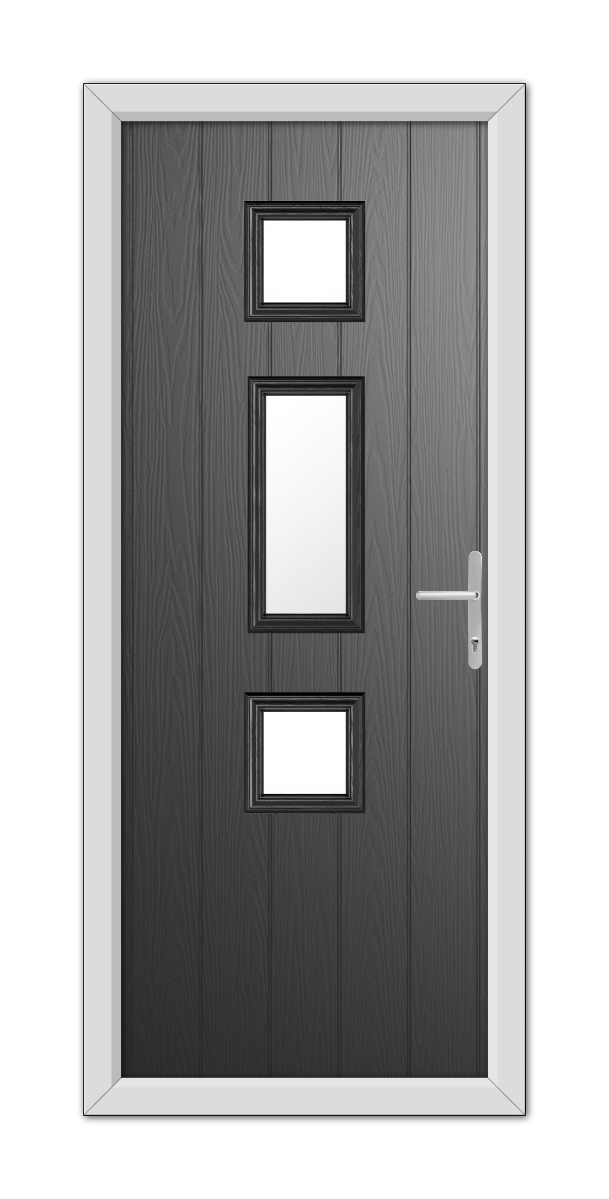 A modern Black York Composite Door 48mm Timber Core with three rectangular glass panels and a metallic handle, set within a white frame.
