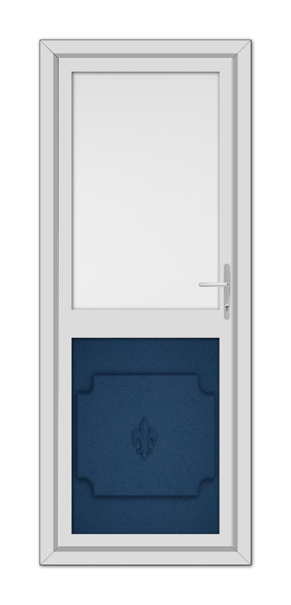A closed modern window with a white frame, featuring a lower Blue Abbey Half uPVC Back Door panel with a decorative fleur-de-lis symbol.