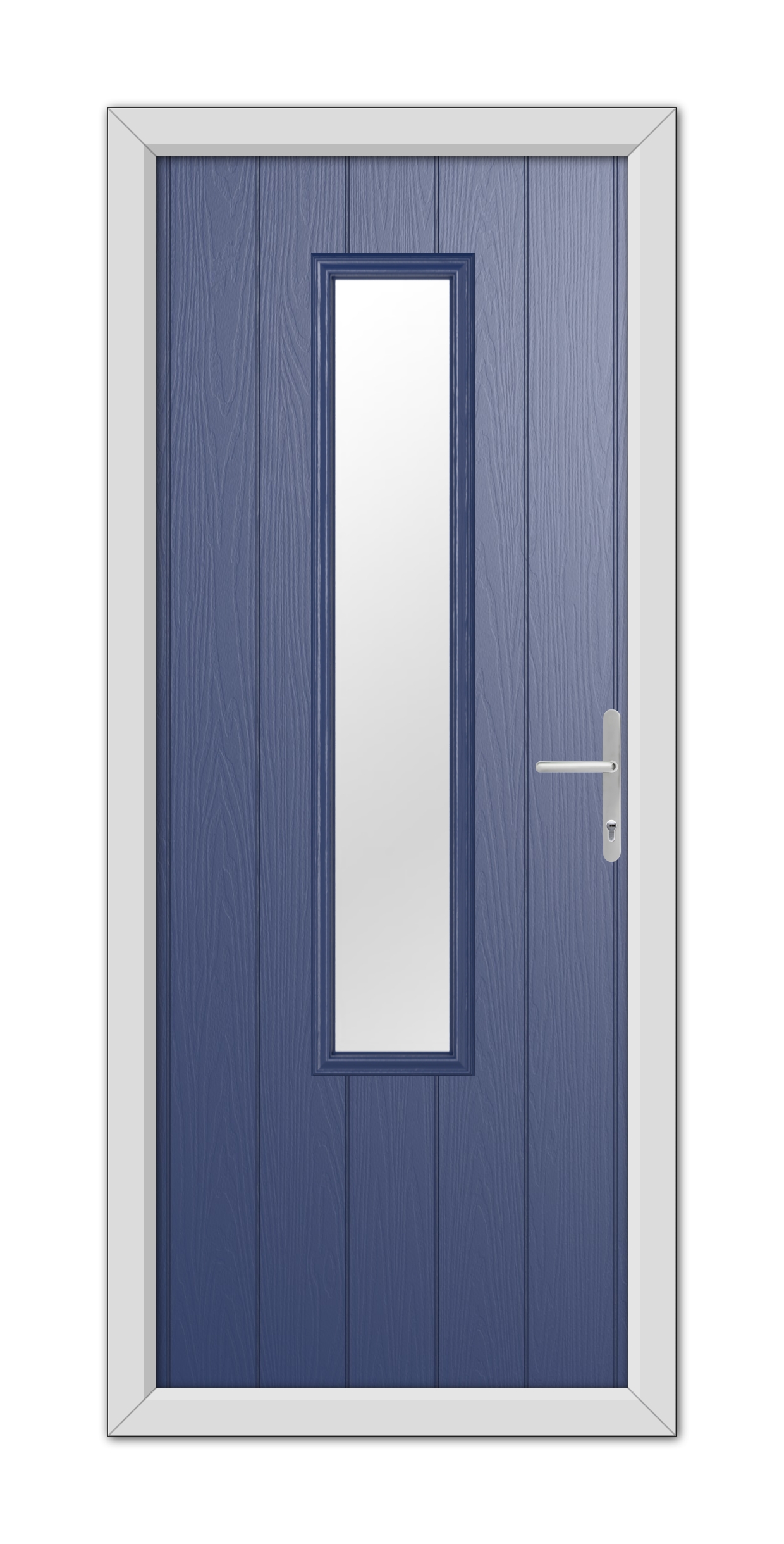 A Blue Abercorn Composite Door 48mm Timber Core with a vertical rectangular window and a silver handle, framed within a white door frame.