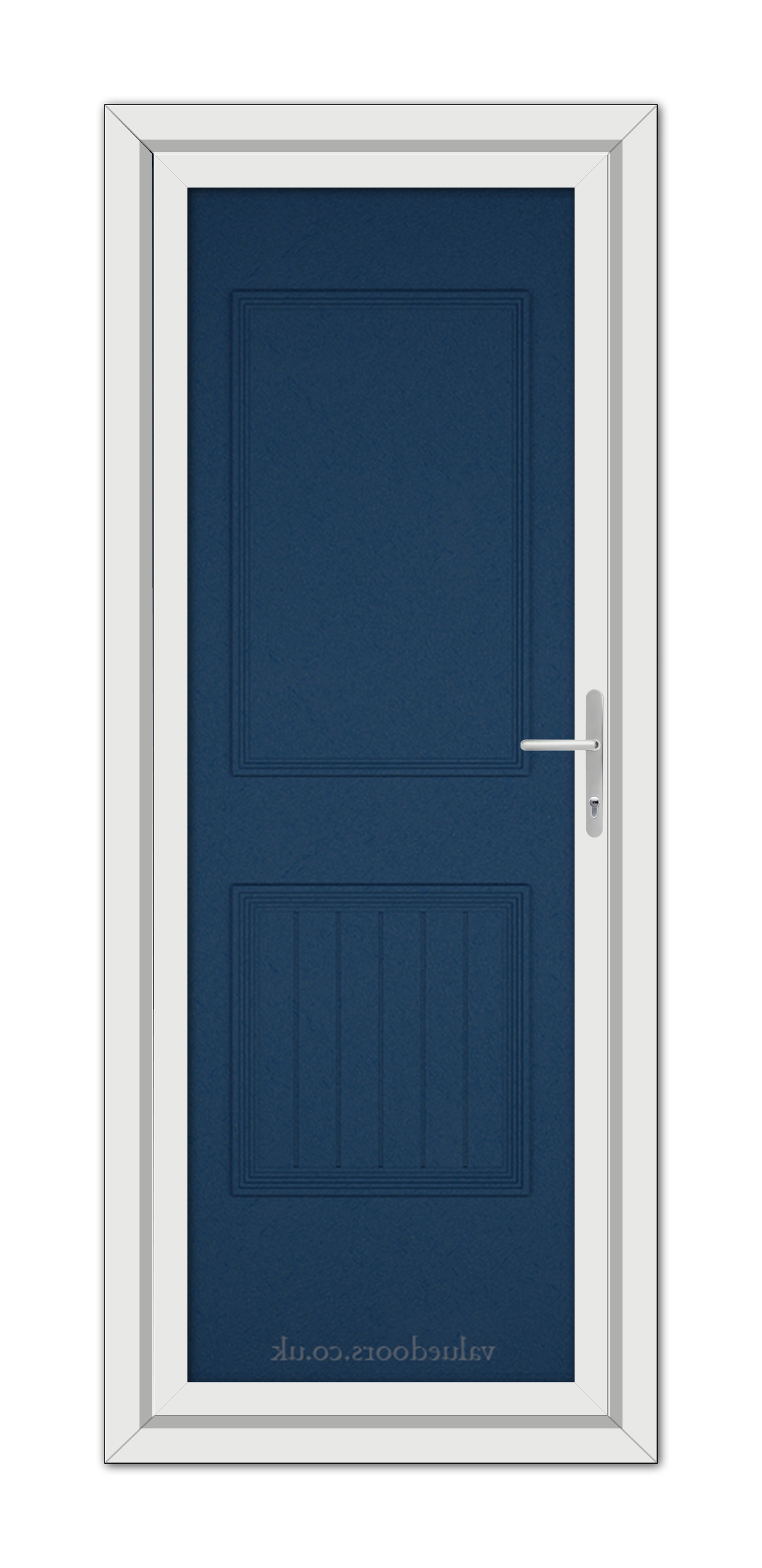 A Blue Alnwick One Solid uPVC Door with a white frame and a silver handle, featuring an upside-down text at the bottom.