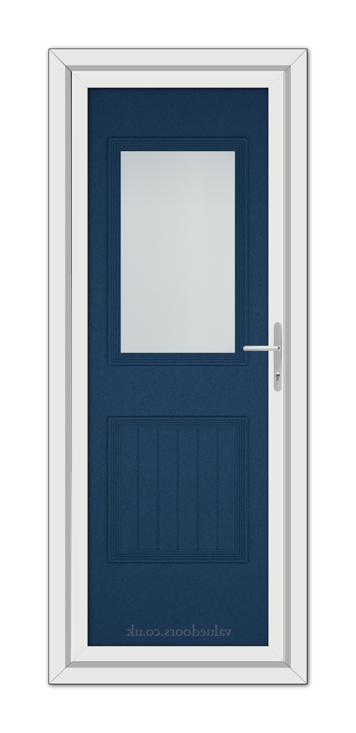 A modern Blue Alnwick One uPVC door with a vertical rectangular window, white frame, and a silver handle, set in a white door frame.