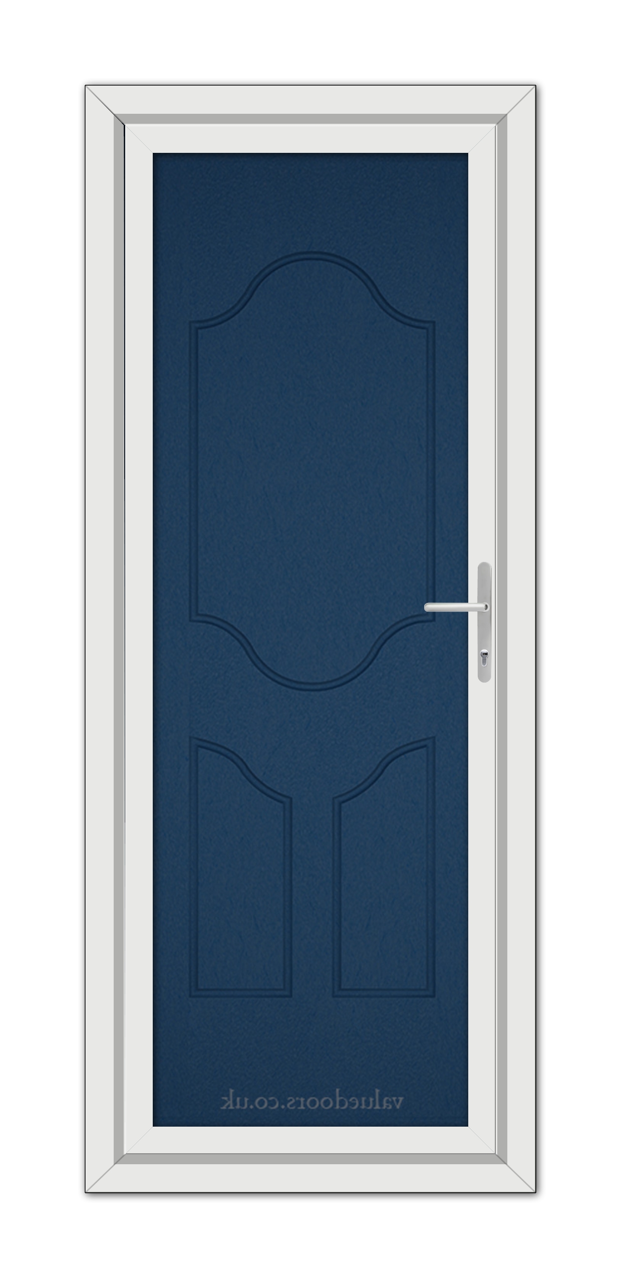 A vertical image of a closed Blue Althorpe Solid uPVC Door with a white frame and a silver handle, installed in a wall.