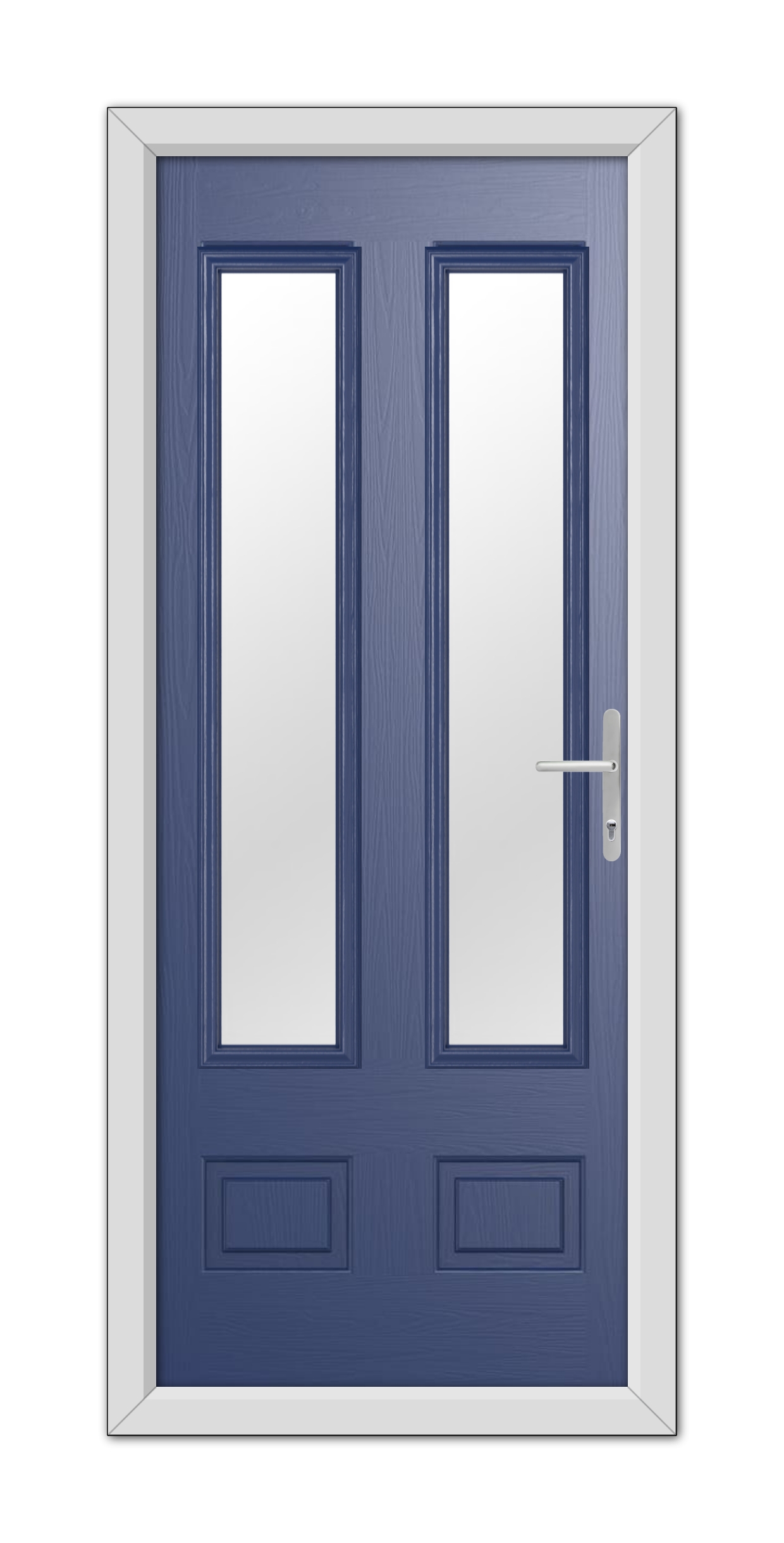 Blue Aston Glazed 2 Composite Door 48mm Timber Core with a blue finish and rectangular glass panes, featuring a silver handle on the right door.