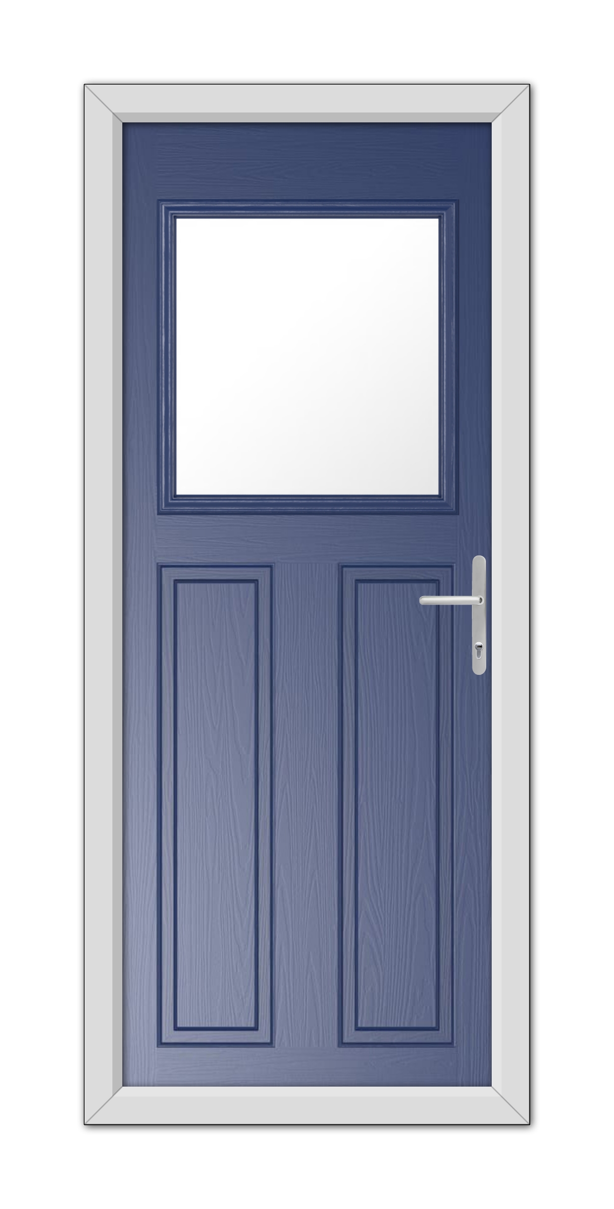 A Blue Axwell Composite Door 48mm Timber Core with a rectangular window at the top, set in a white frame, featuring a modern handle on the right.