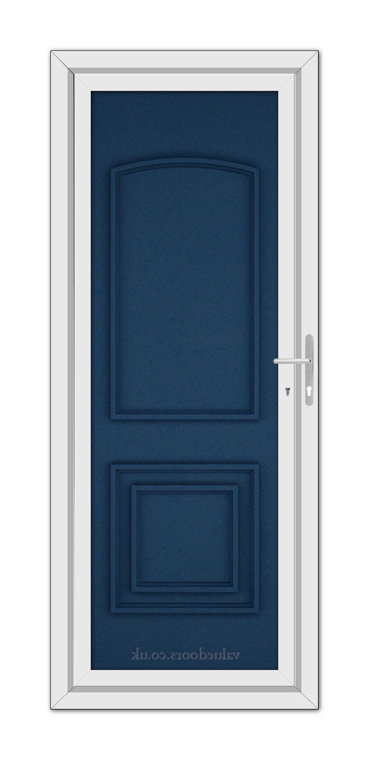 A vertical image of a closed Blue Balmoral Classic Solid uPVC Door set within a white frame, featuring a rectangular panel design and a modern metal handle on the right side.