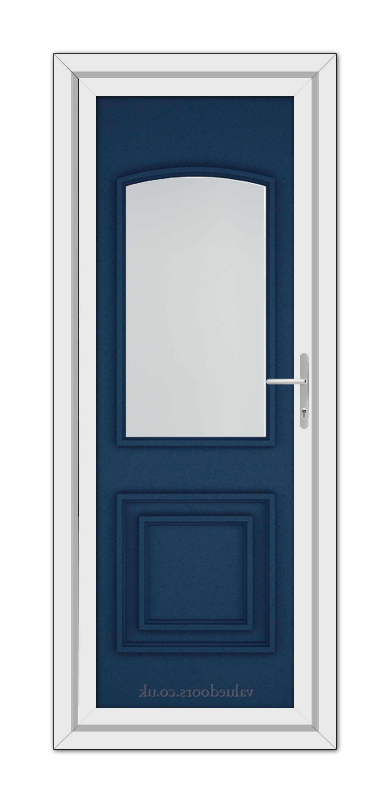 A vertical image of a closed Blue Balmoral Classic uPVC Door with a white frame and dark blue panels, featuring a rectangular window and a silver handle.