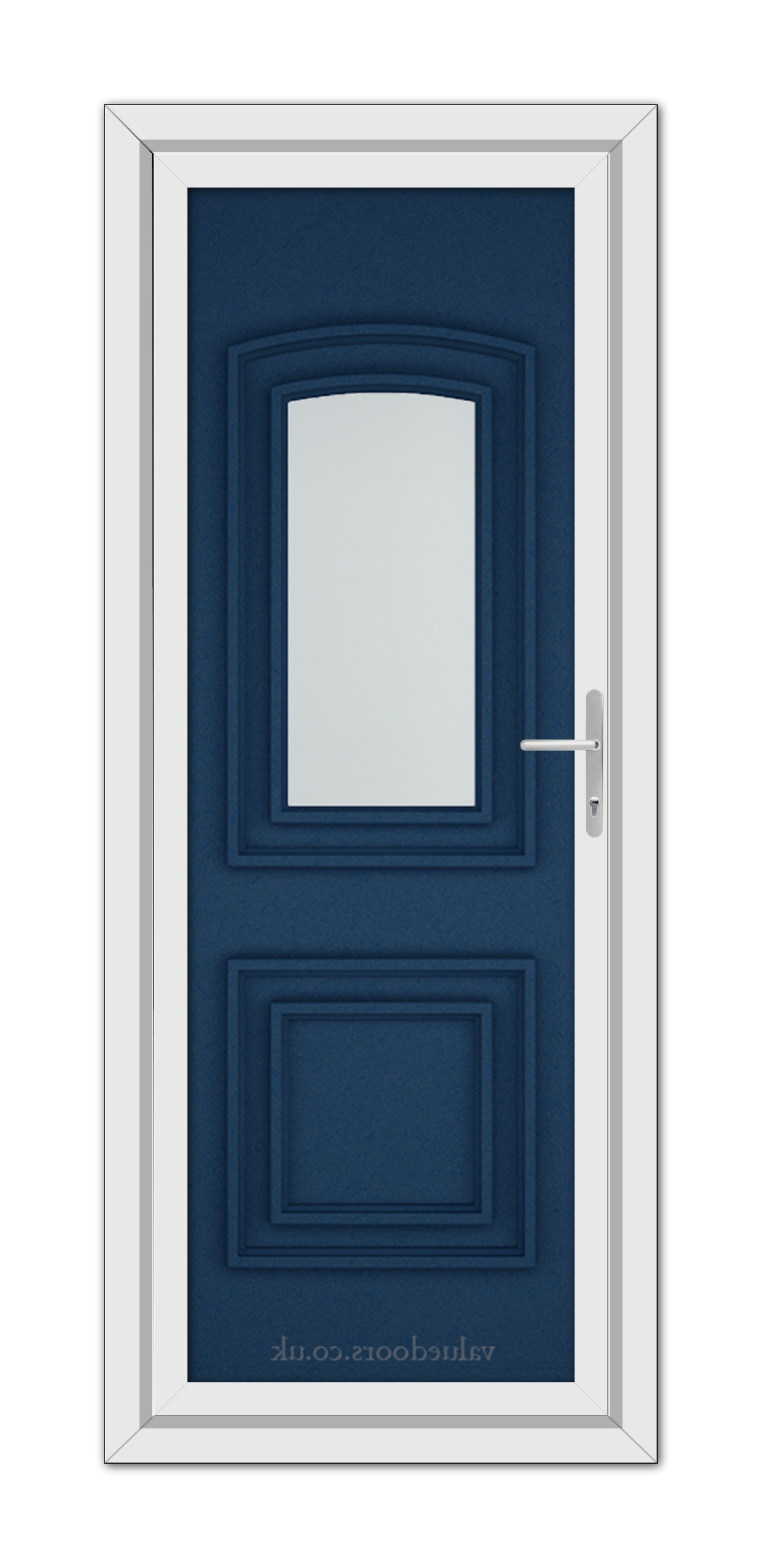 A vertical image of a closed Blue Balmoral One uPVC Door with a white rectangular window and a metallic handle, set within a white door frame.