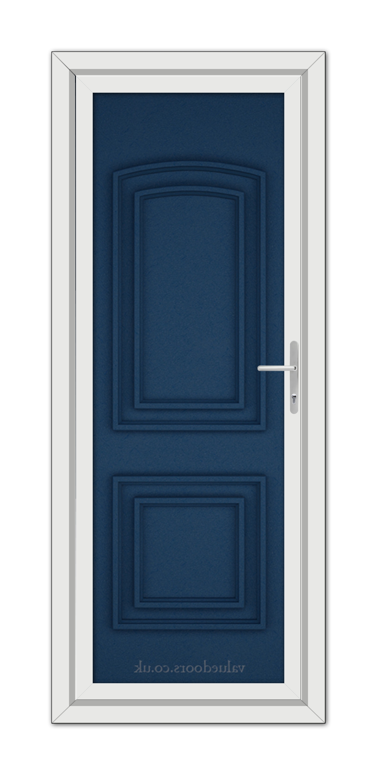 A modern, vertical rectangular white Blue Balmoral Solid uPVC door frame enclosing a navy blue Blue Balmoral Solid uPVC door with a simple silver handle, featuring decorative panels.