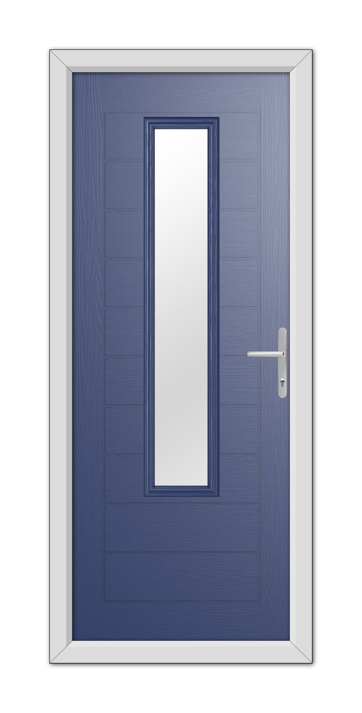 A Blue Bedford Composite Door 48mm Timber Core with a vertical handle and a long, narrow window, framed by a white door frame, isolated on a white background.