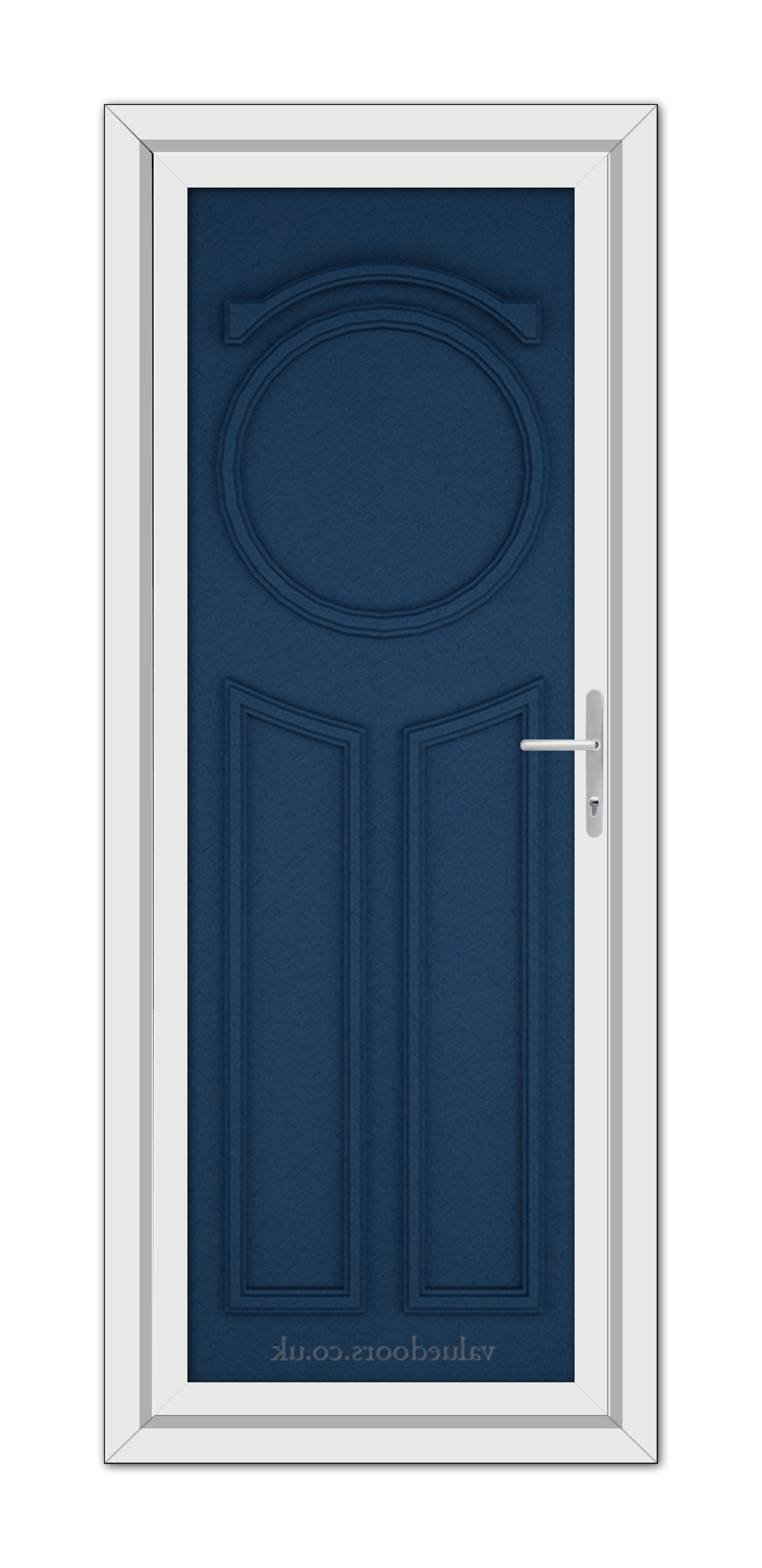A vertical image of a Blue Blenheim Solid uPVC Door with an oval window, set in a white frame, featuring a silver handle on the right.