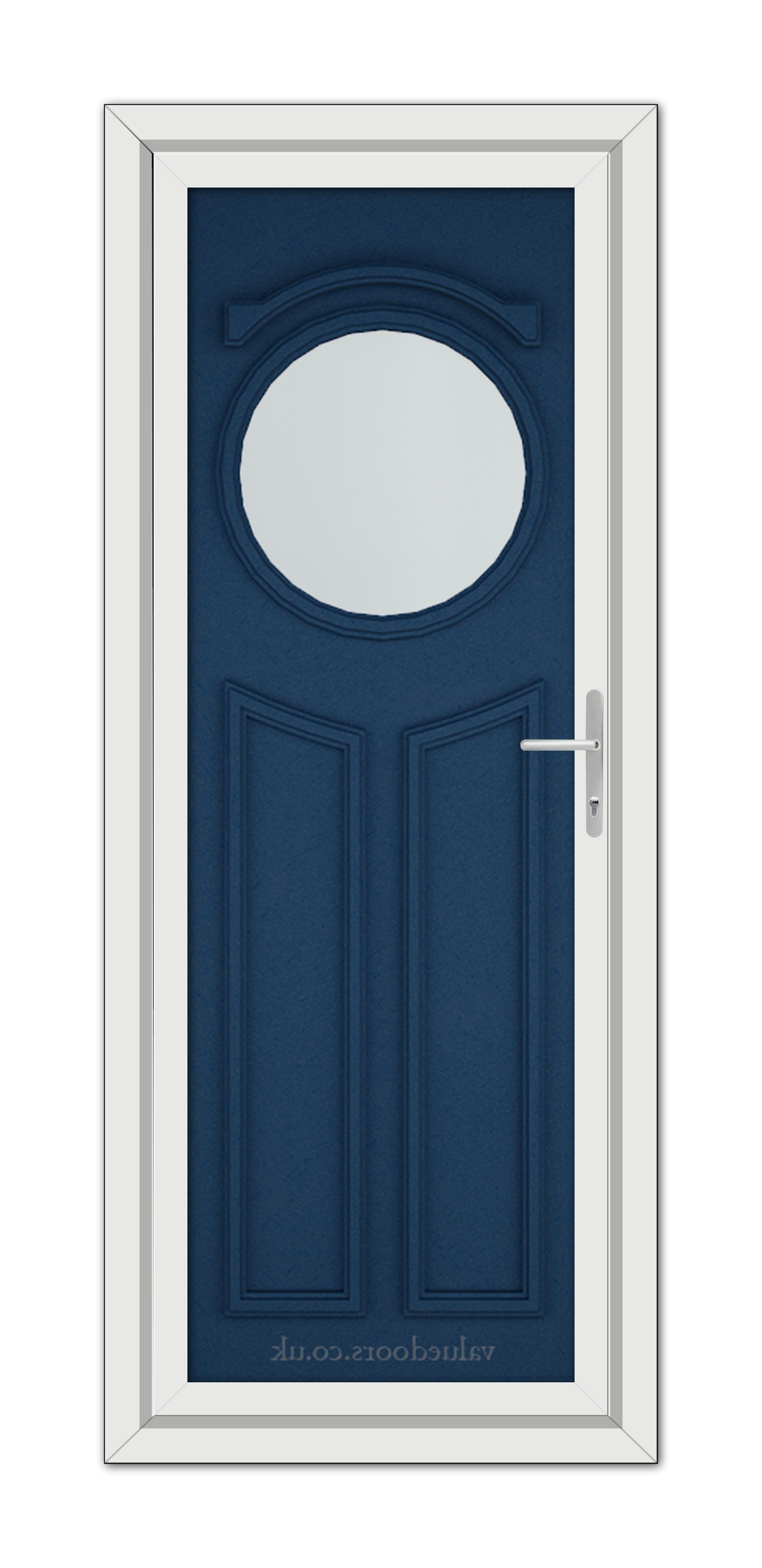 A Blue Blenheim uPVC Door with an oval window and a metal handle, set within a white frame.