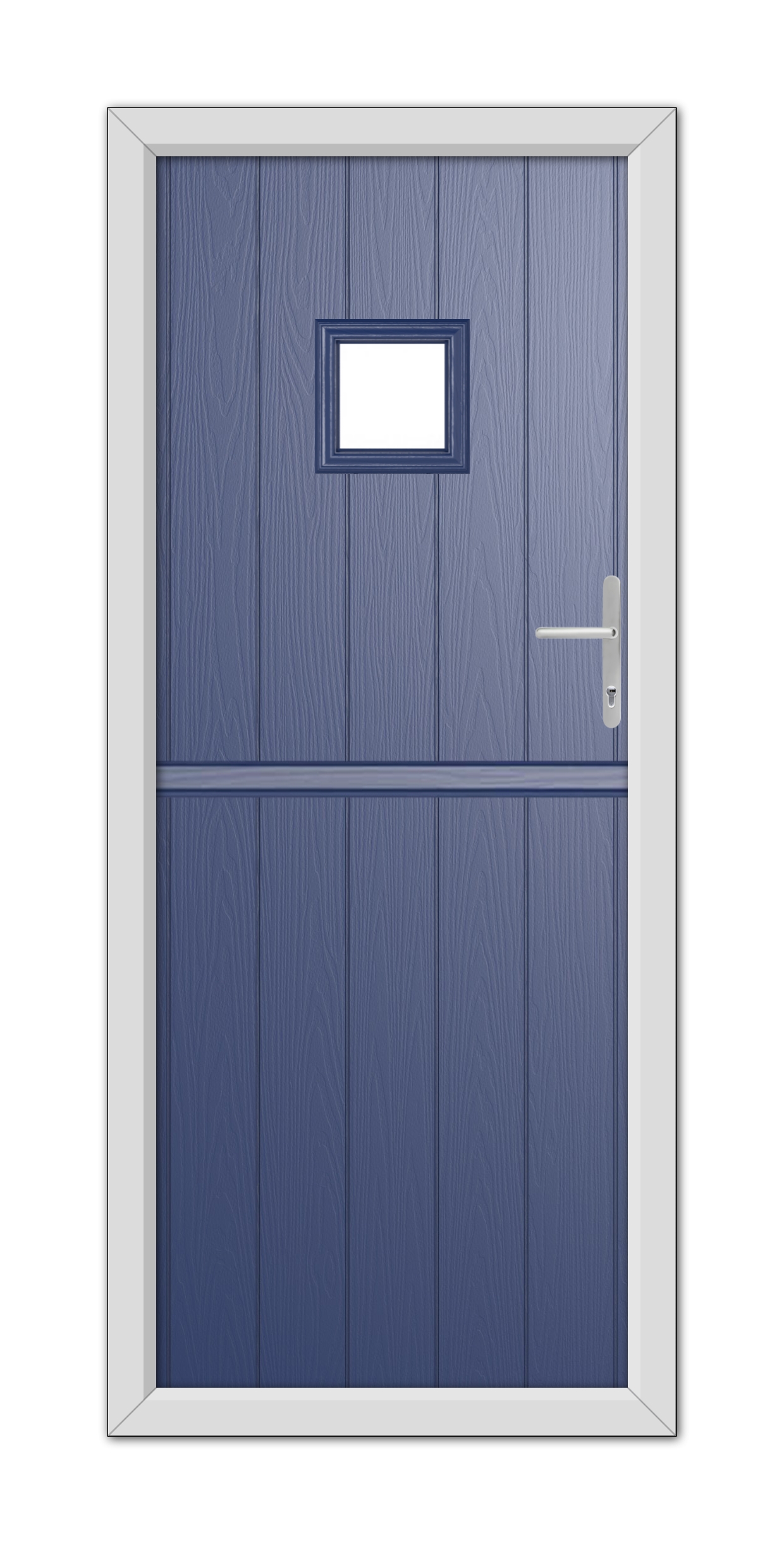 A Blue Brampton Stable Composite Door 48mm Timber Core with a small rectangular window and a white frame, featuring a modern handle on the right side.